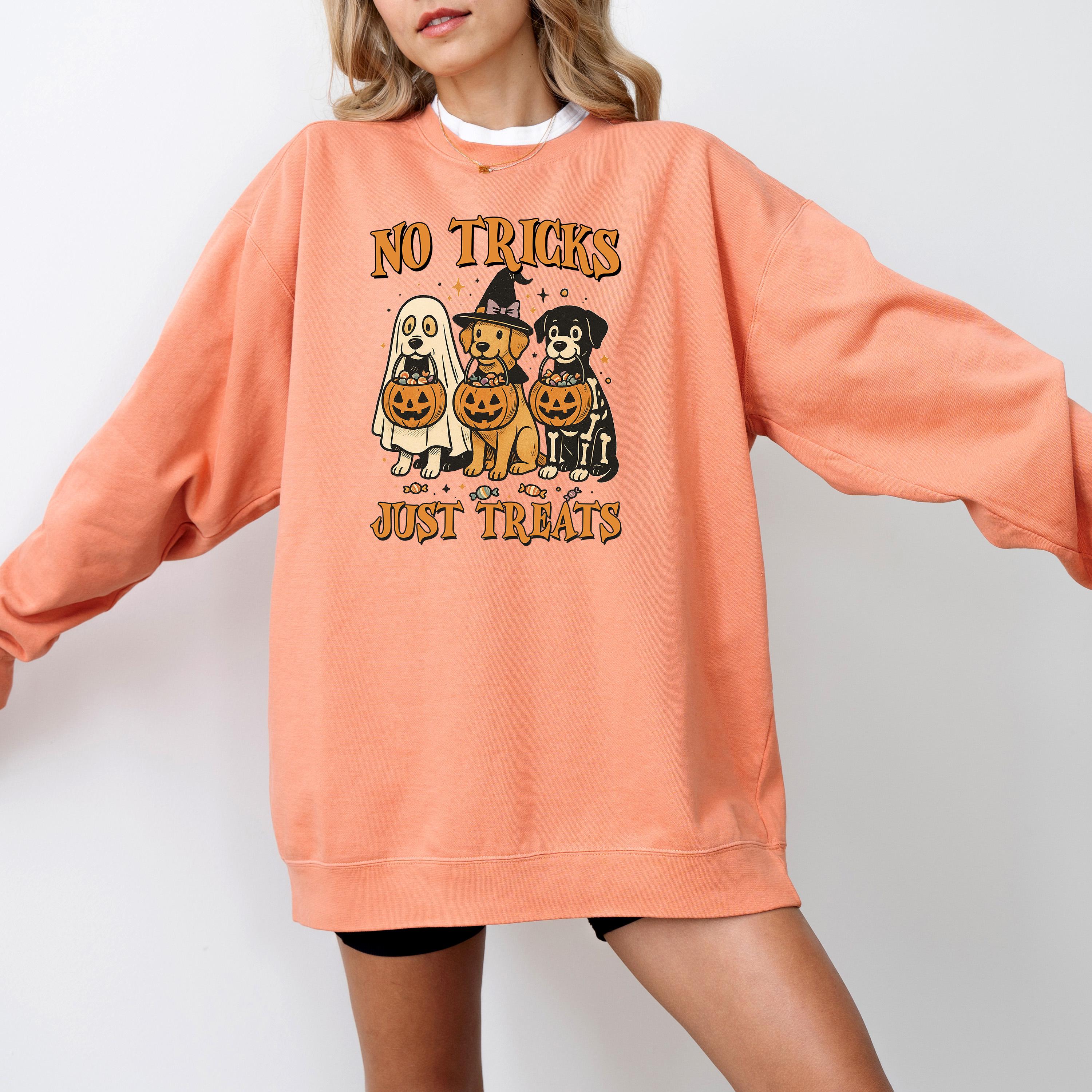 No Tricks Just Treats Comfort Colors Sweatshirt, Cute Dog Design, Fall Pumpkin, Autumn Sweater, Ghost and Witch Crewneck, Dog Mom