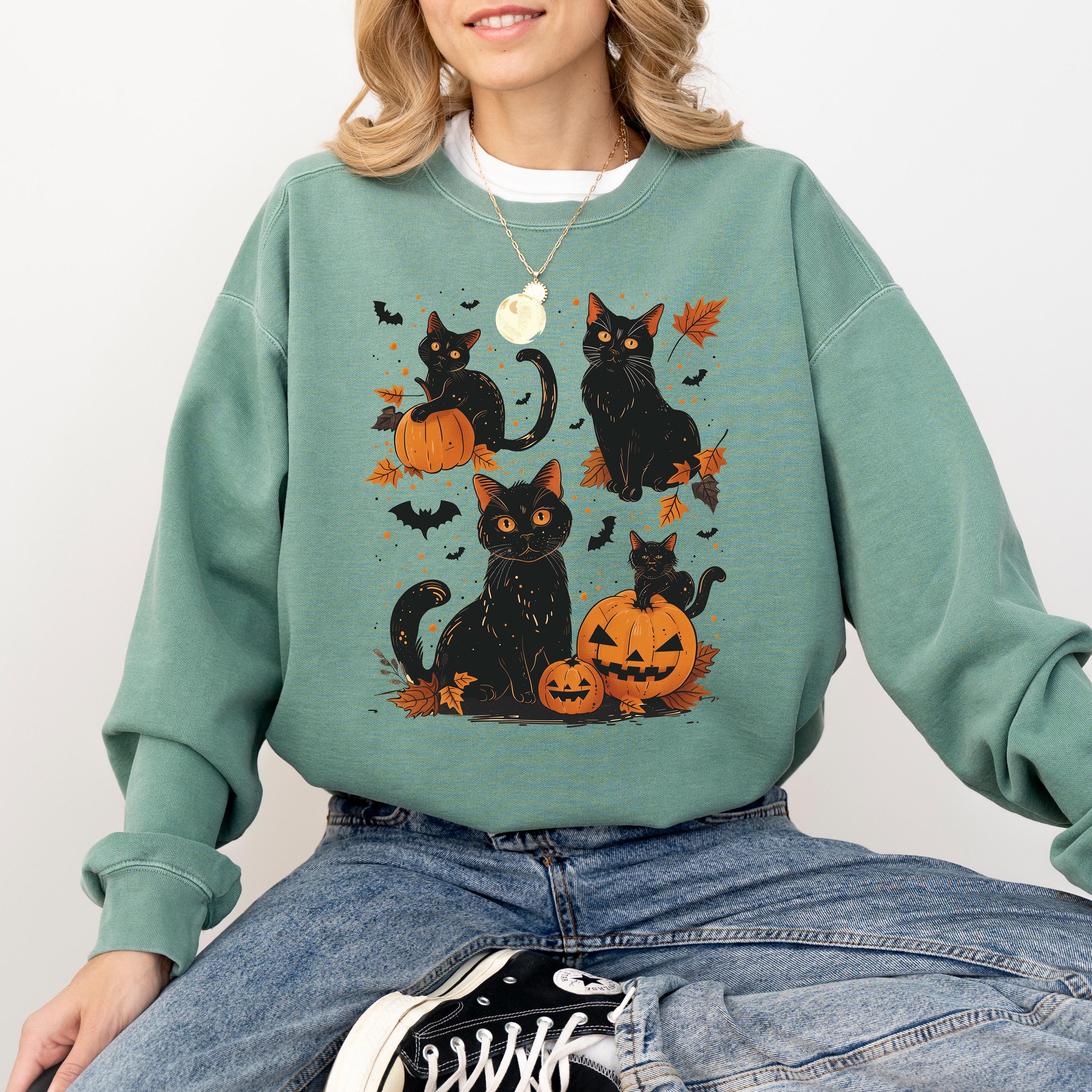 Retro Halloween Comfort Colors Sweatshirt, Black Cat Fall DTG Design, Fall Jack O' Lantern Pumpkin, Autumn Sweater, Black Cat Crewneck