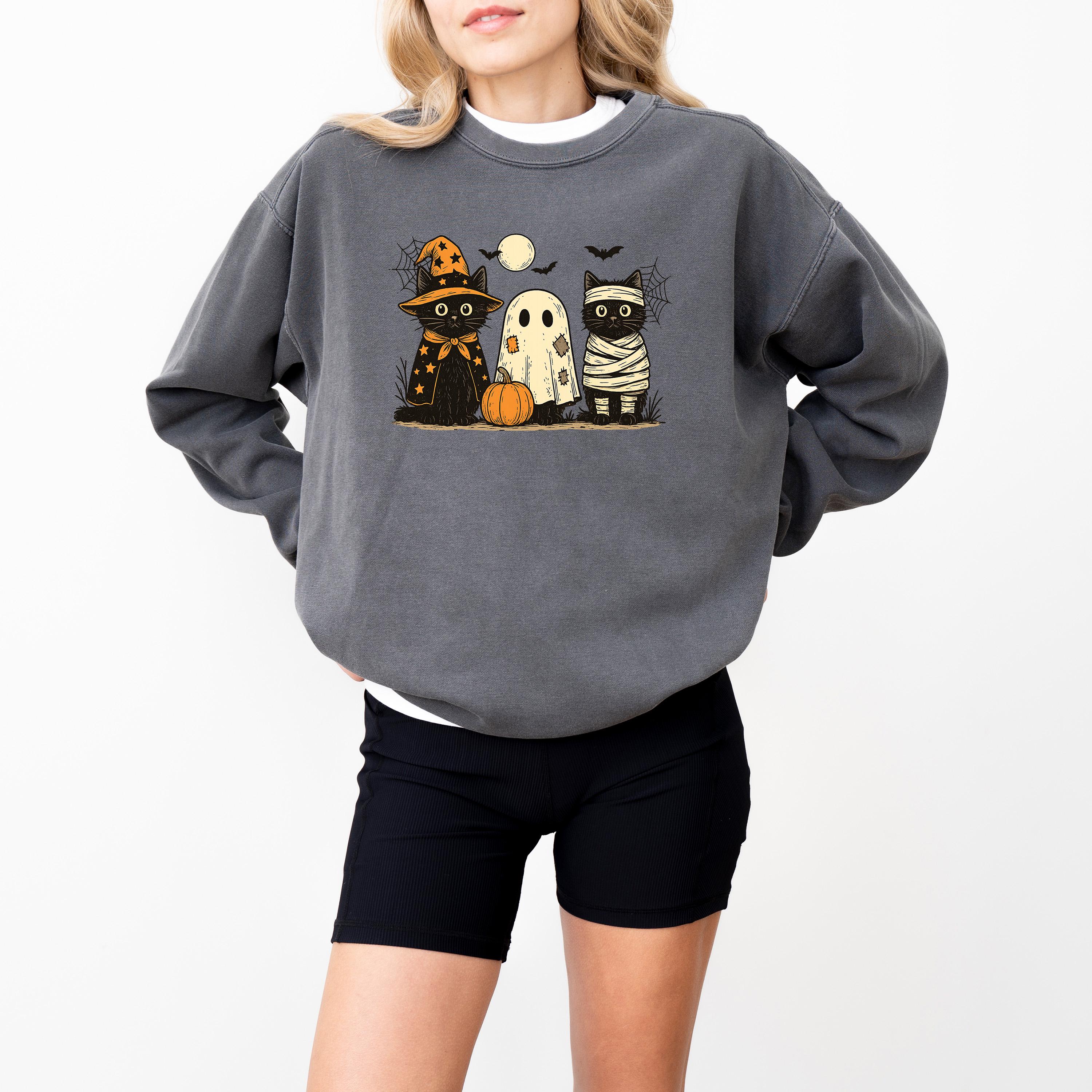 Cute Cat Halloween Comfort Colors Sweatshirt, Black Cat Fall DTG Design, Fall Jack O' Lantern Pumpkin, Autumn Sweater, Witch Ghost Crewneck