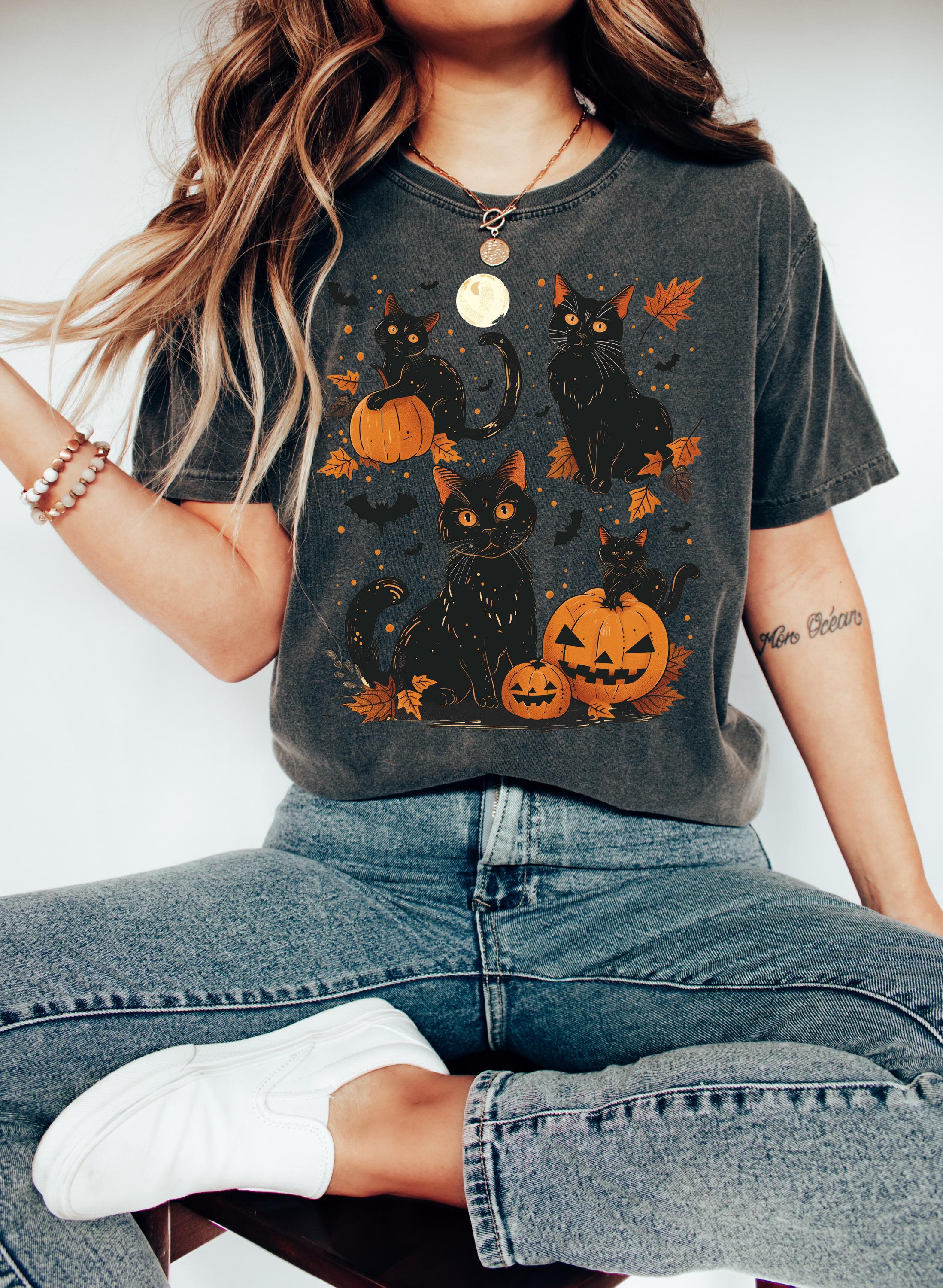 Black Cat Halloween Comfort Colors Shirt, 90's Design, Retro Pumpkin Fall T-Shirt, Boxy Tee, Unisex, Fall Cat Deign, Autumn T,
