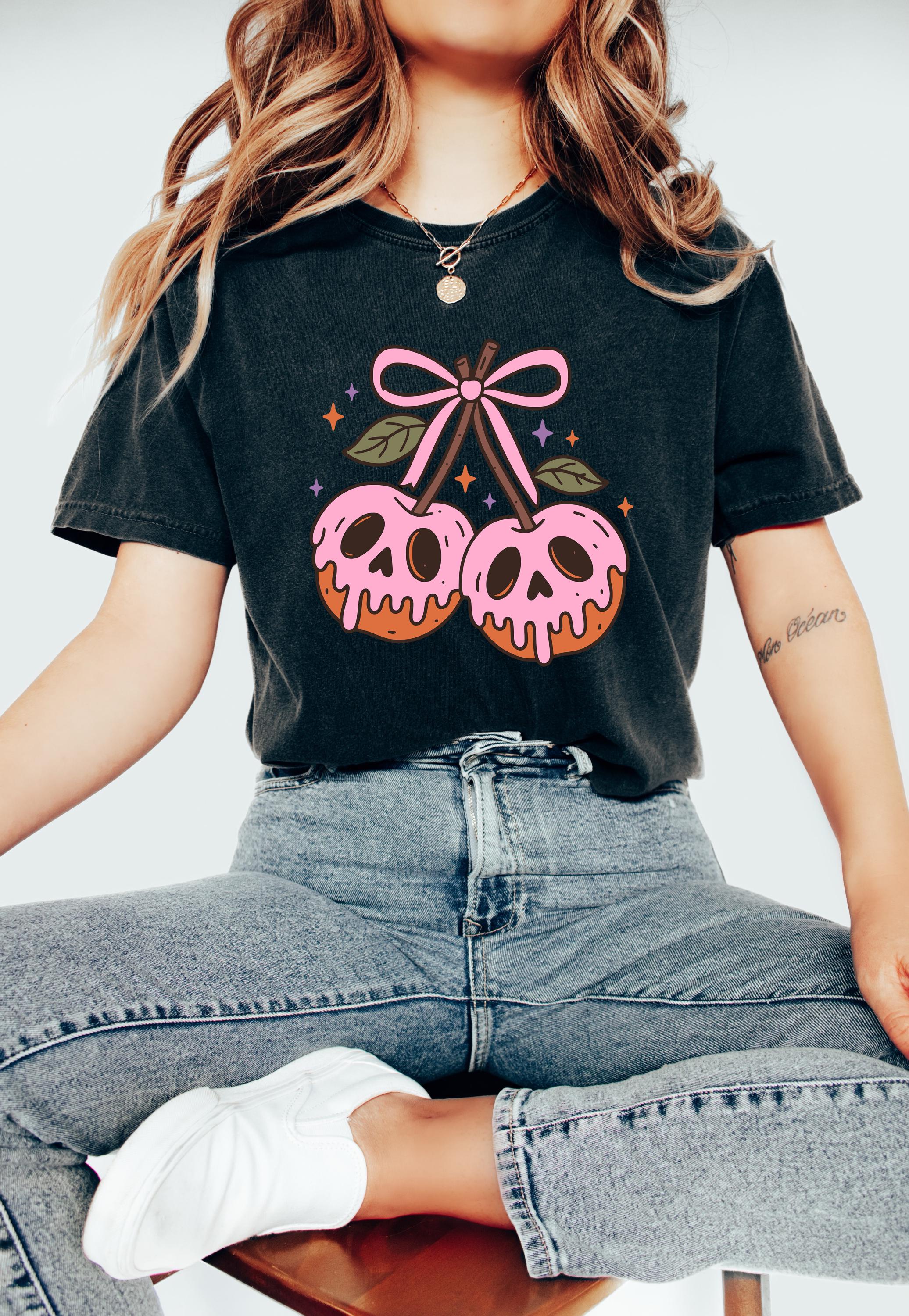 Pink Cherries Halloween Comfort Colors Shirt, Skull Design, Retro Pumpkin Fall T-Shirt, Boxy Tee, Unisex, Fall Cat Deign, Autumn T,