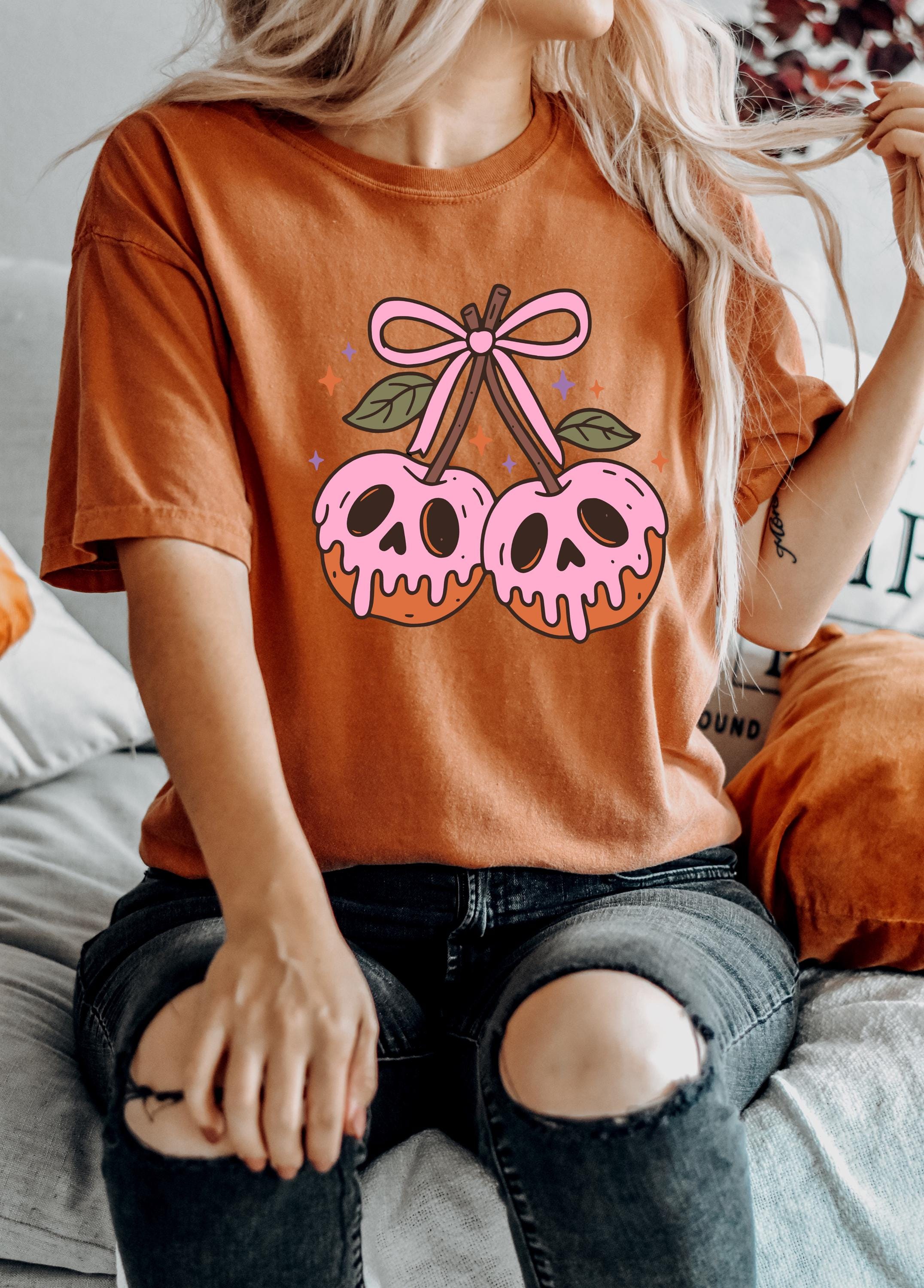 Pink Cherries Halloween Comfort Colors Shirt, Skull Design, Retro Pumpkin Fall T-Shirt, Boxy Tee, Unisex, Fall Cat Deign, Autumn T,