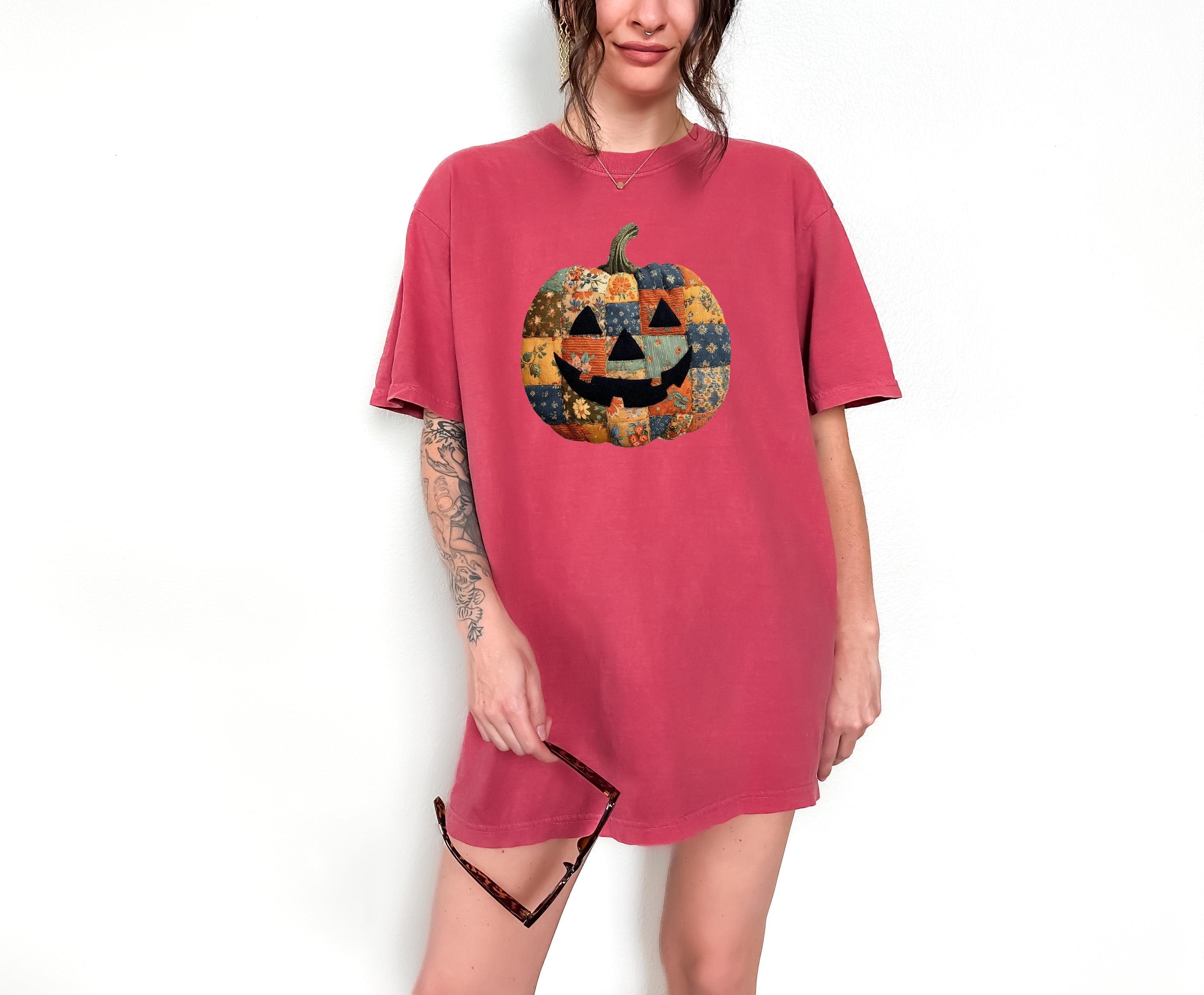 Printed DTG Faux Patchwork Jack O Lantern Halloween Comfort Colors Shirt, Fall Design, Retro Pumpkin Fall TShirt, Boxy Tee, Unisex, Autumn T