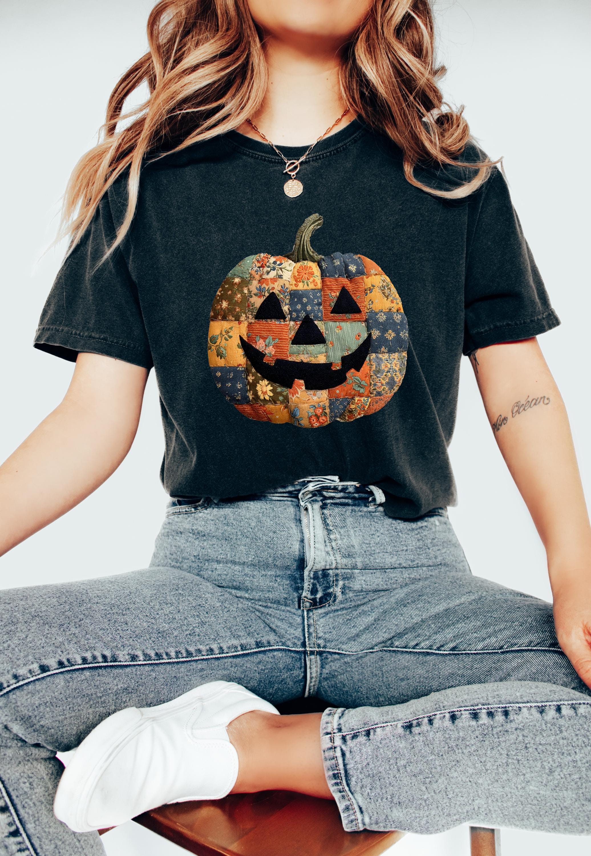 Printed DTG Faux Patchwork Jack O Lantern Halloween Comfort Colors Shirt, Fall Design, Retro Pumpkin Fall TShirt, Boxy Tee, Unisex, Autumn T