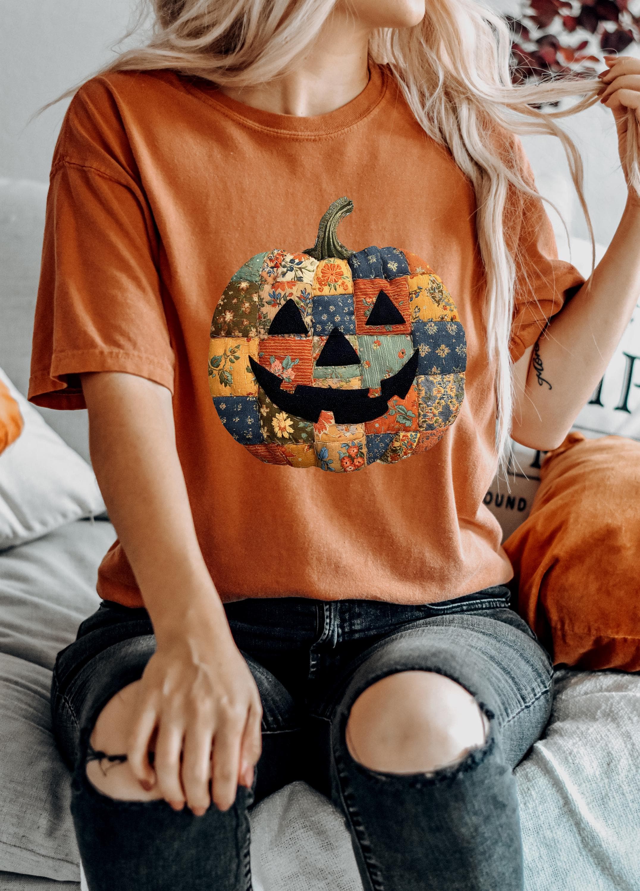 Printed DTG Faux Patchwork Jack O Lantern Halloween Comfort Colors Shirt, Fall Design, Retro Pumpkin Fall TShirt, Boxy Tee, Unisex, Autumn T