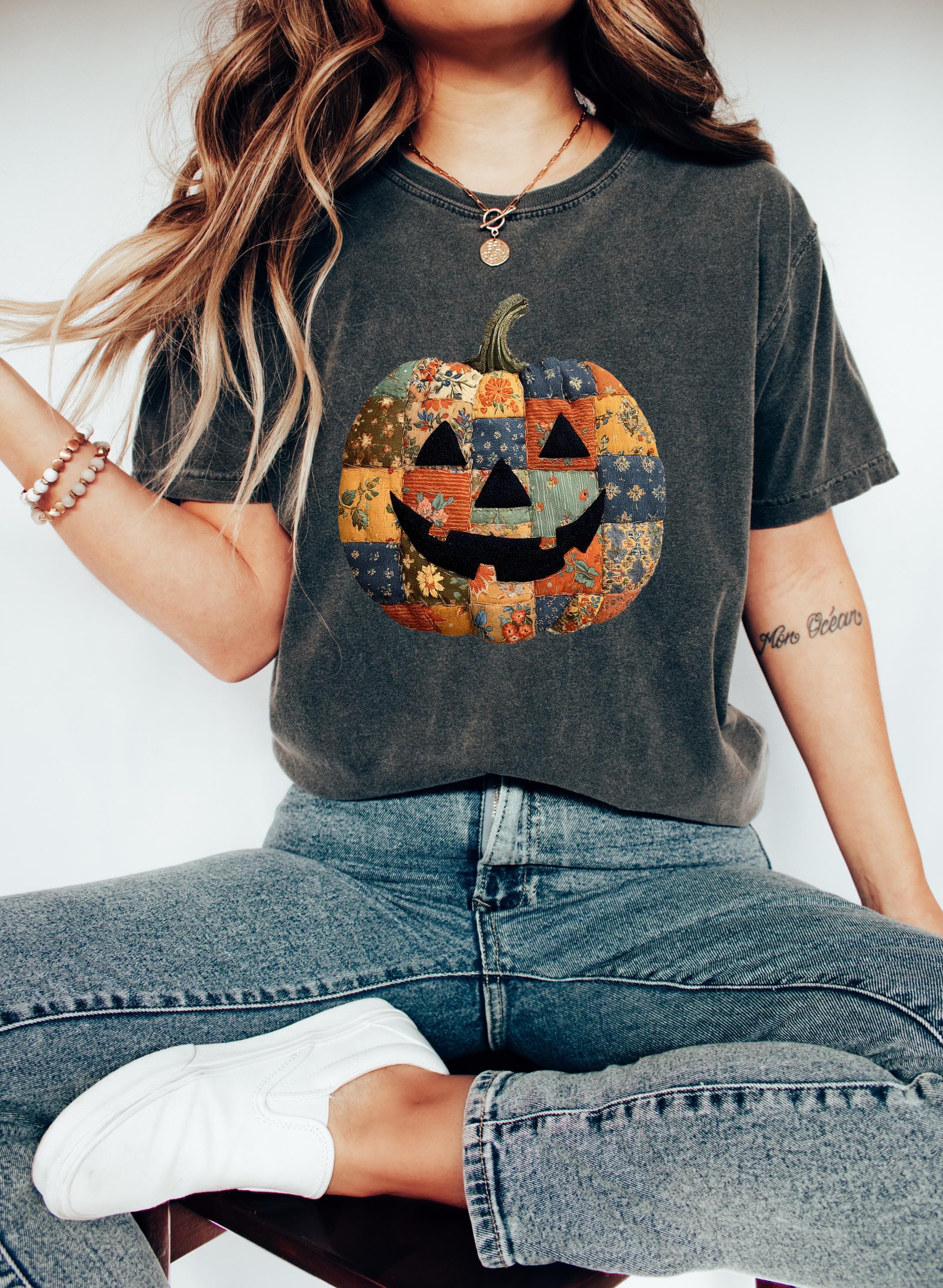 Printed DTG Faux Patchwork Jack O Lantern Halloween Comfort Colors Shirt, Fall Design, Retro Pumpkin Fall TShirt, Boxy Tee, Unisex, Autumn T