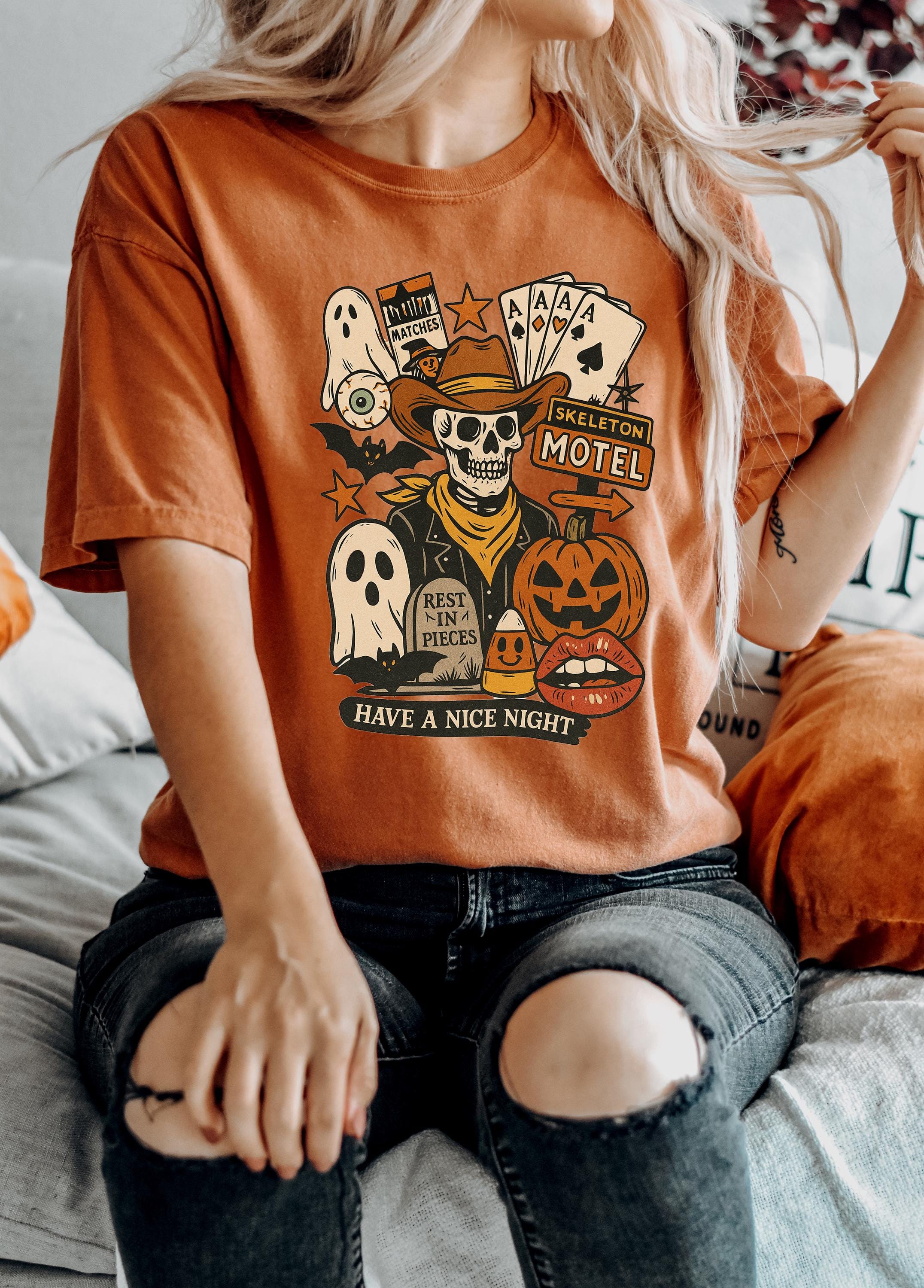 Skeleton Motel Halloween Comfort Colors Shirt, Creep it Real Shirt, Spooky Shirt, Retro Fall TShirt, Boxy Tee, Unisex Autumn T
