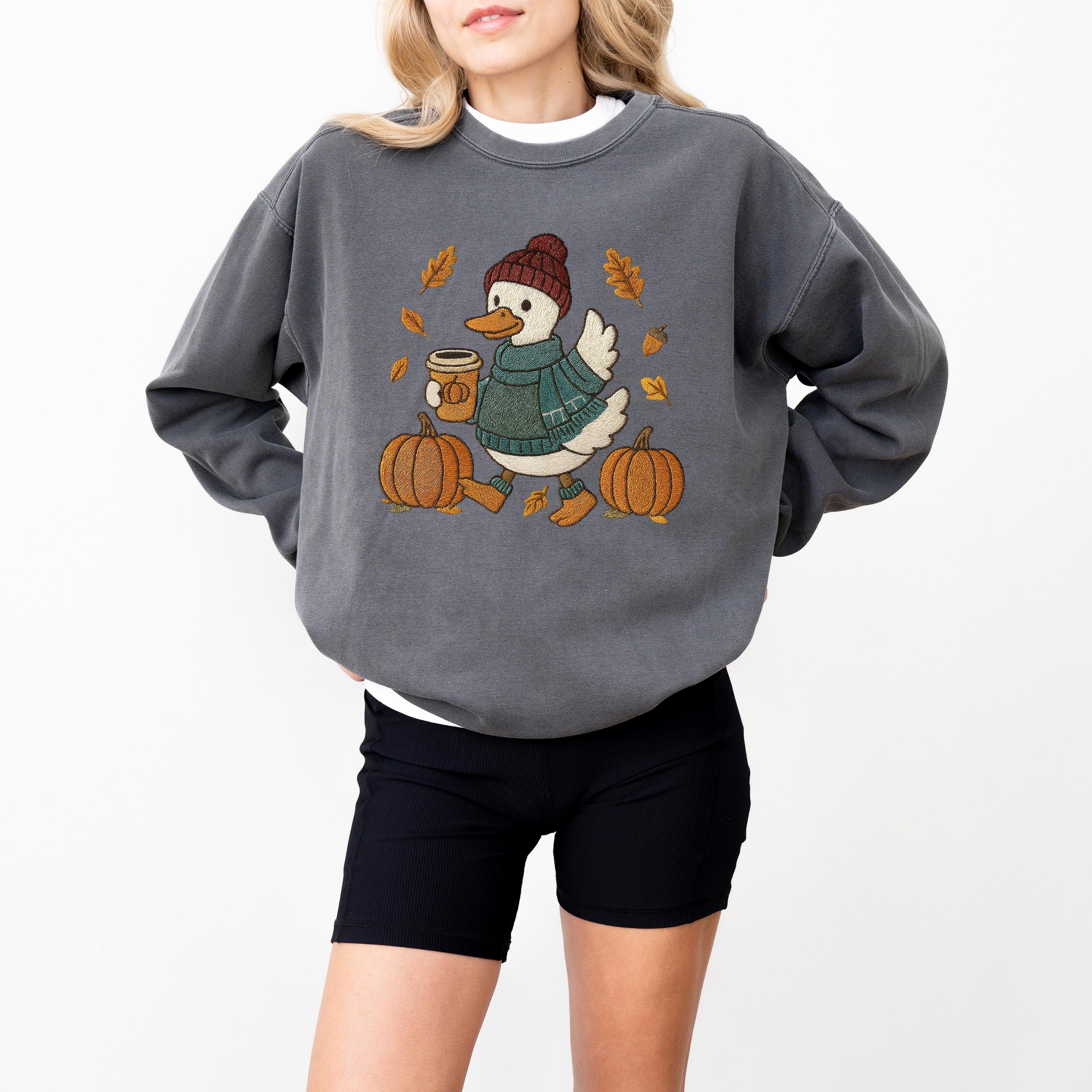 Fall Leaves Comfort Colors Sweatshirt, Faux Stitch Duck Design, DTG Printed Design, Fall Pumpkin, Autumn Sweater, Pumpkin Spice New Crewneck