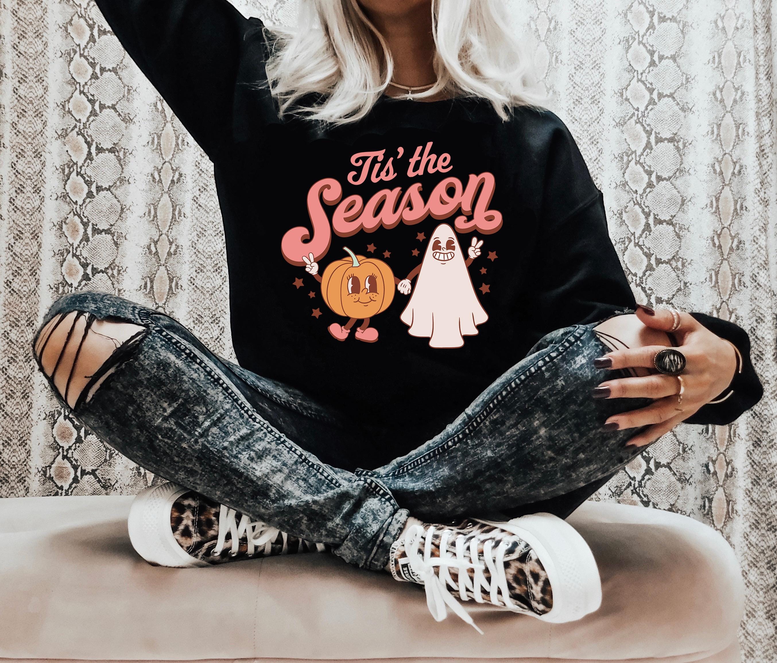 Retro Halloween Tis the Season Pumpkin Sweatshirt, Fall Design, Cute Vintage Halloween Sweater, Skeleton Sweatshirt, Autumn Sweater