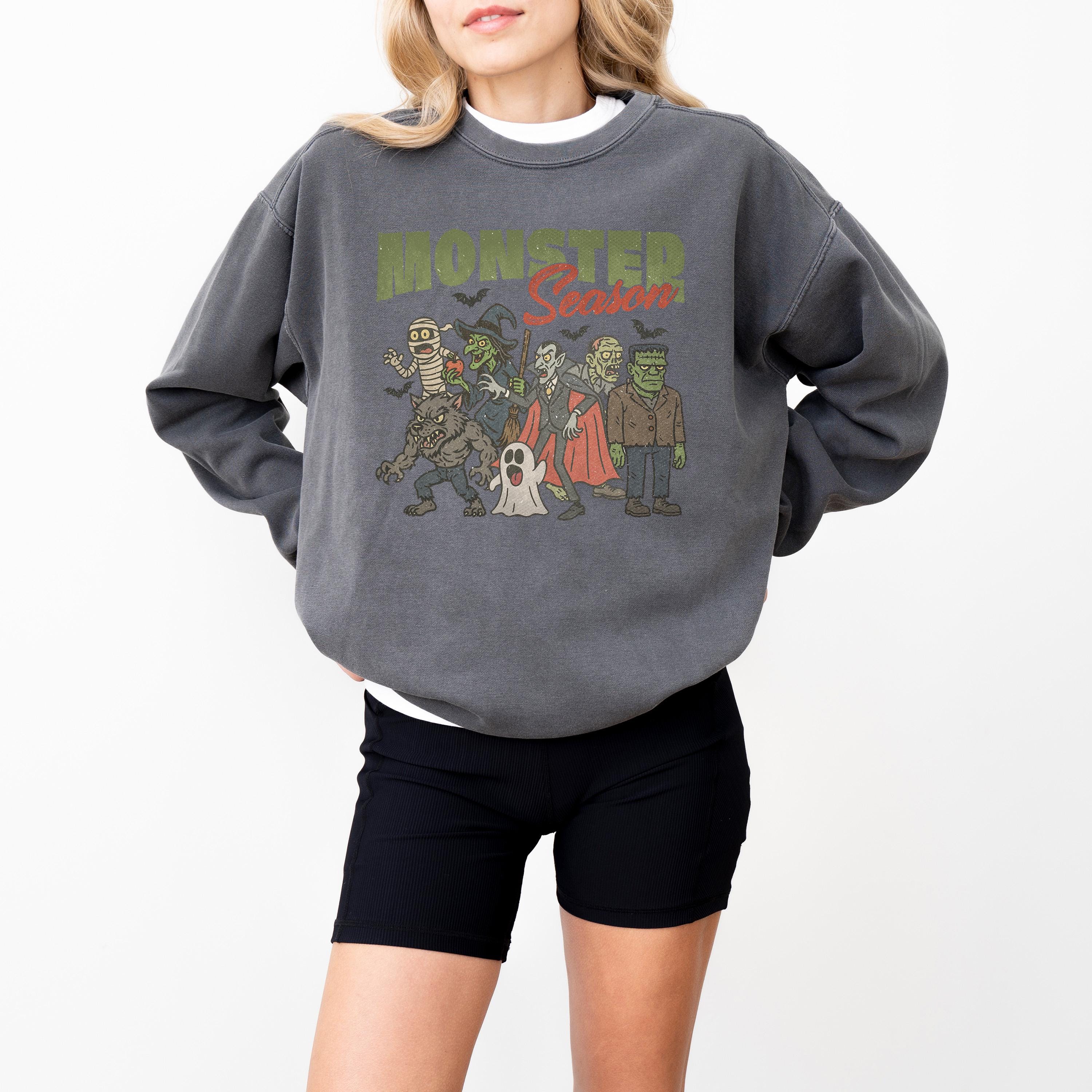 Monster Season Comfort Colors Sweatshirt, Witch DTG Design, Fall Pumpkin, Autumn Sweater, Black Cat Crewneck, Mummy Monster Pullover