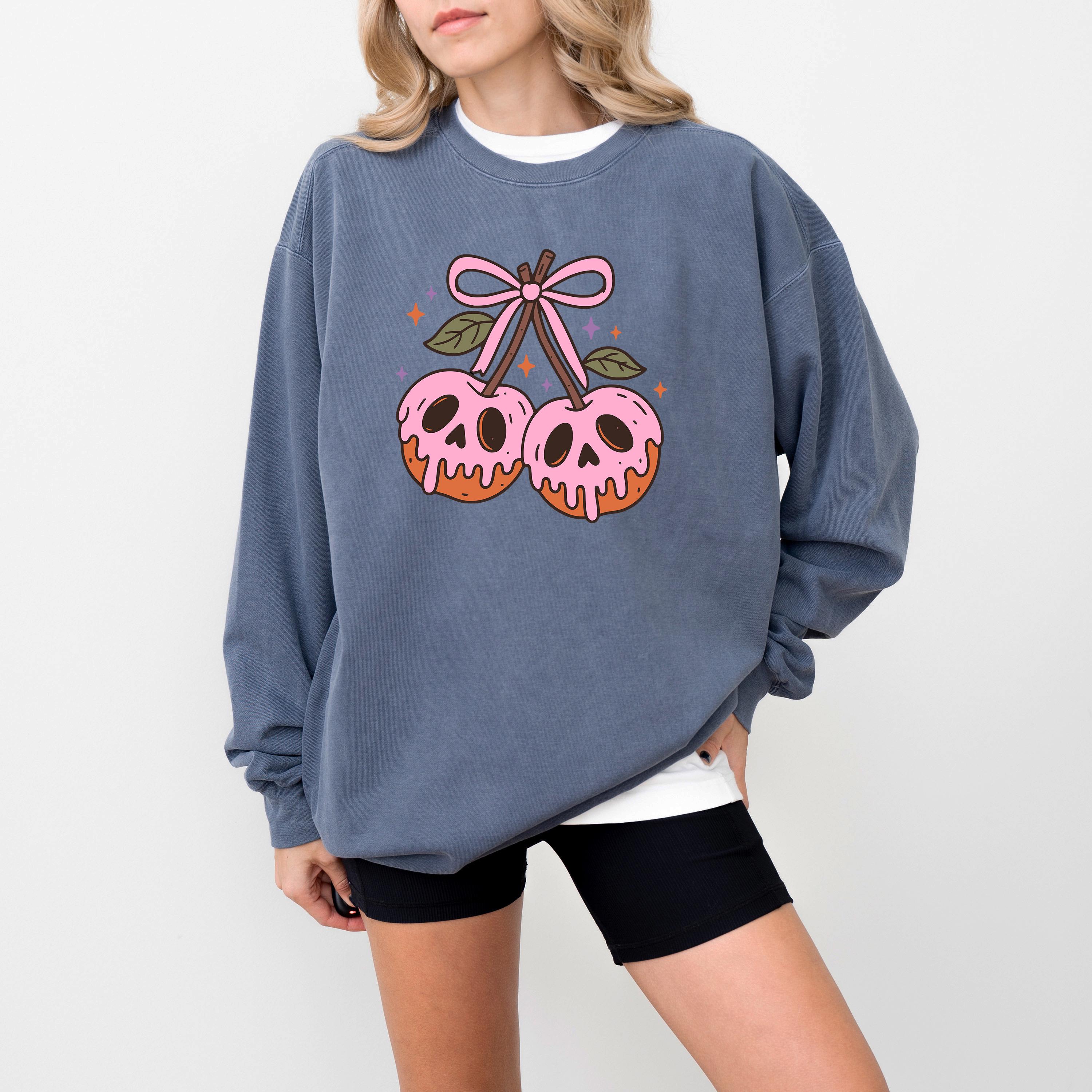 Skeleton Rotten Cherries Comfort Colors Sweatshirt, Cute Pink Bow Design, Fall Pumpkin, Autumn Sweater, Happy Halloween Shirt