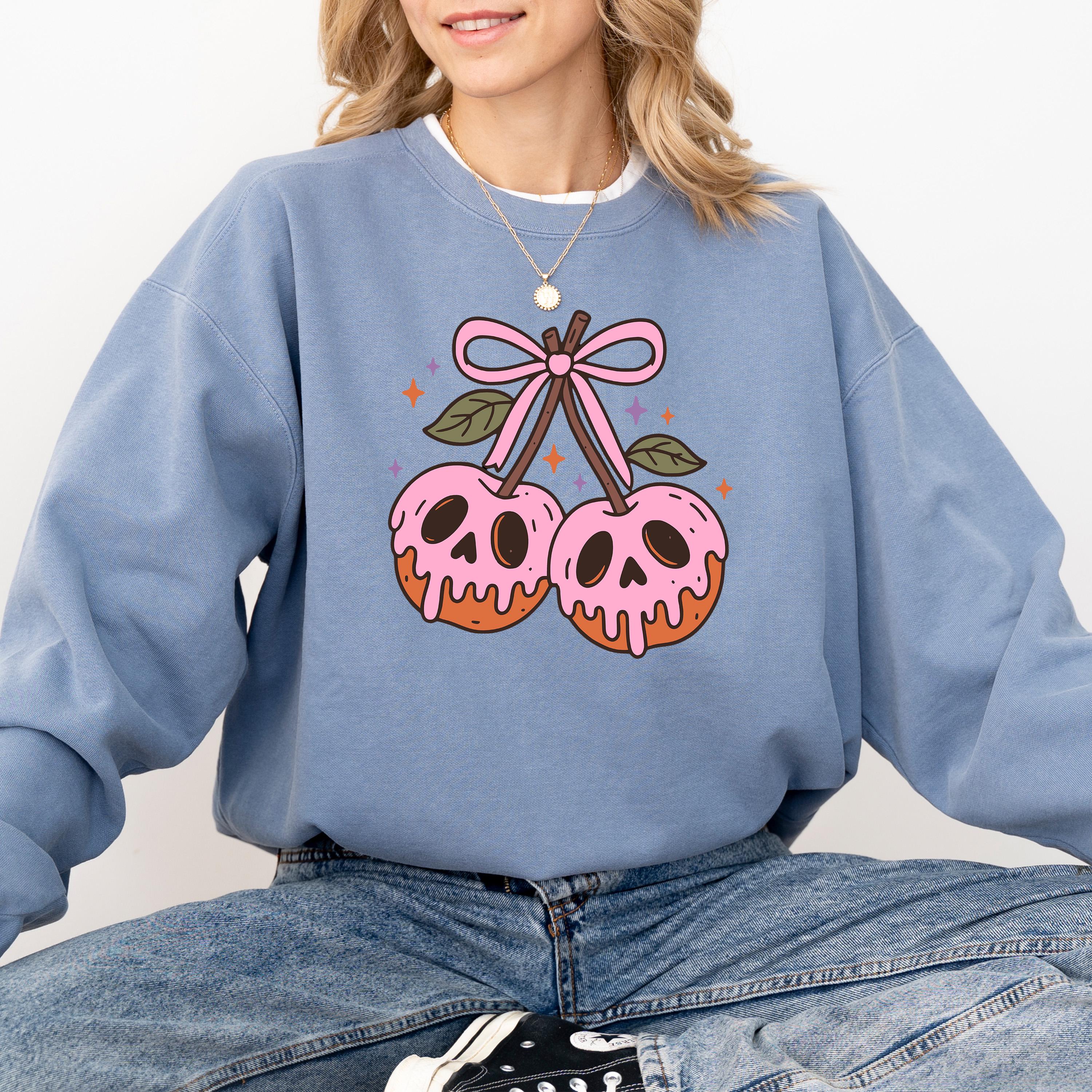 Skeleton Rotten Cherries Comfort Colors Sweatshirt, Cute Pink Bow Design, Fall Pumpkin, Autumn Sweater, Happy Halloween Shirt