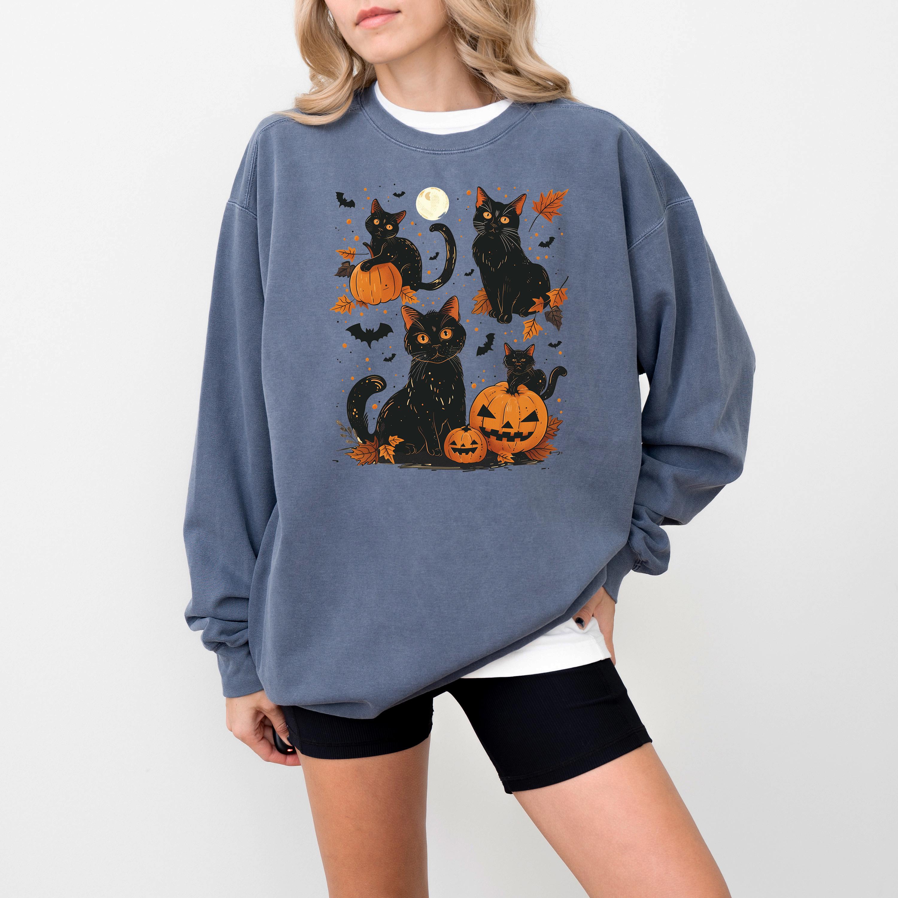 Retro Halloween Comfort Colors Sweatshirt, Black Cat Fall DTG Design, Fall Jack O' Lantern Pumpkin, Autumn Sweater, Black Cat Crewneck