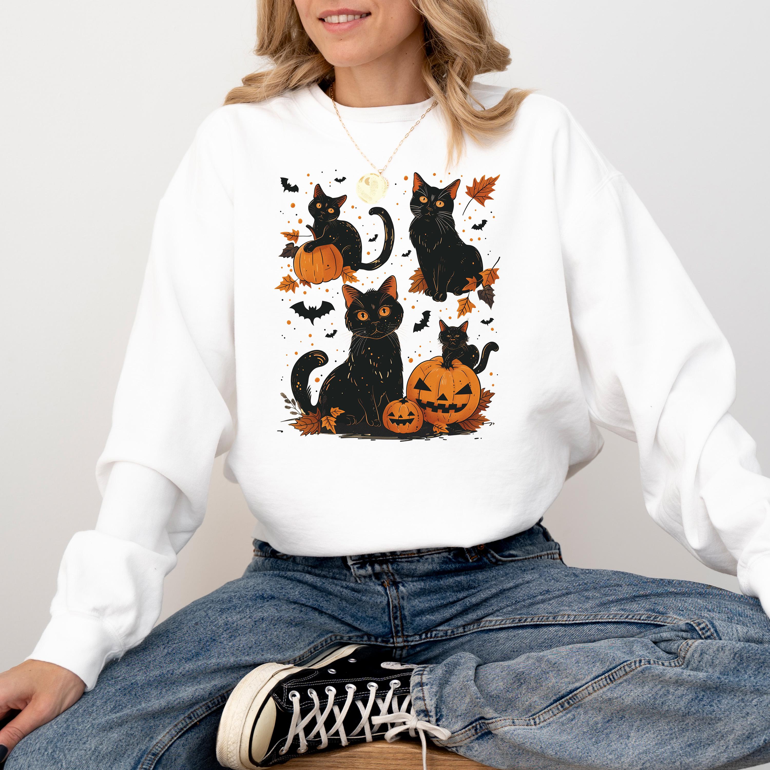 Retro Halloween Comfort Colors Sweatshirt, Black Cat Fall DTG Design, Fall Jack O' Lantern Pumpkin, Autumn Sweater, Black Cat Crewneck