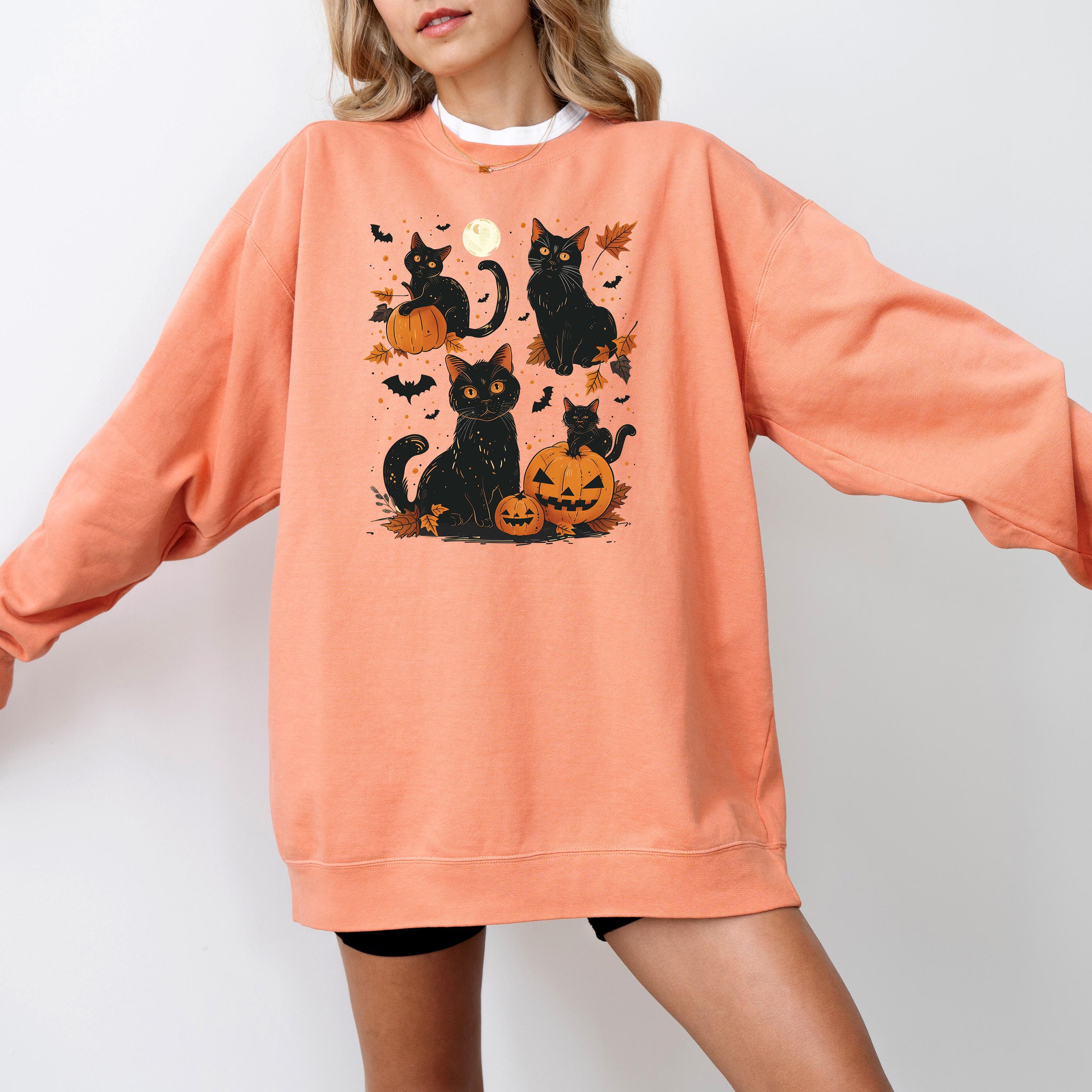 Retro Halloween Comfort Colors Sweatshirt, Black Cat Fall DTG Design, Fall Jack O' Lantern Pumpkin, Autumn Sweater, Black Cat Crewneck