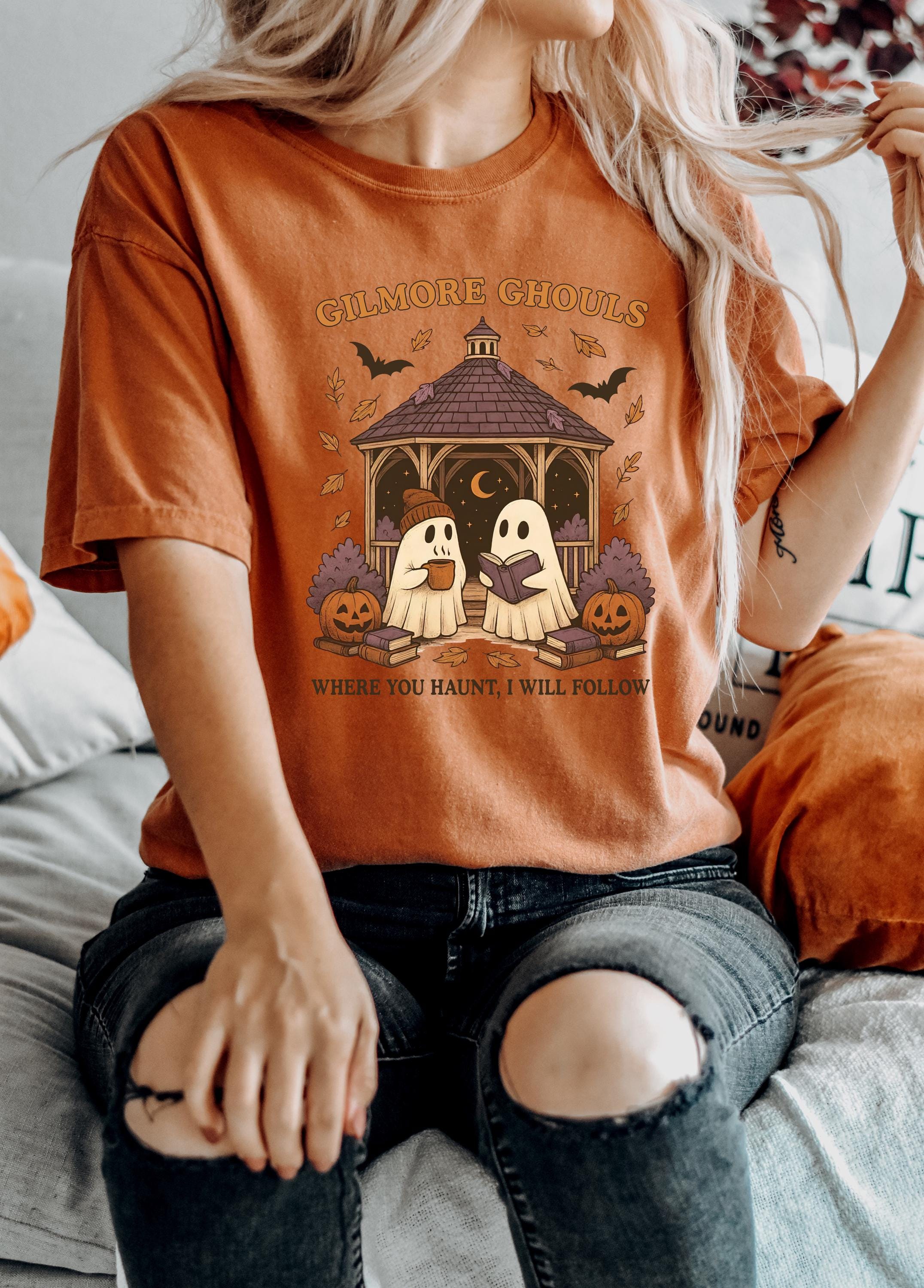 Gilmore Ghouls Comfort Colors Shirt, Cute Ghost With Coffee Halloween Shirt, Where You Haunt I Will Follow