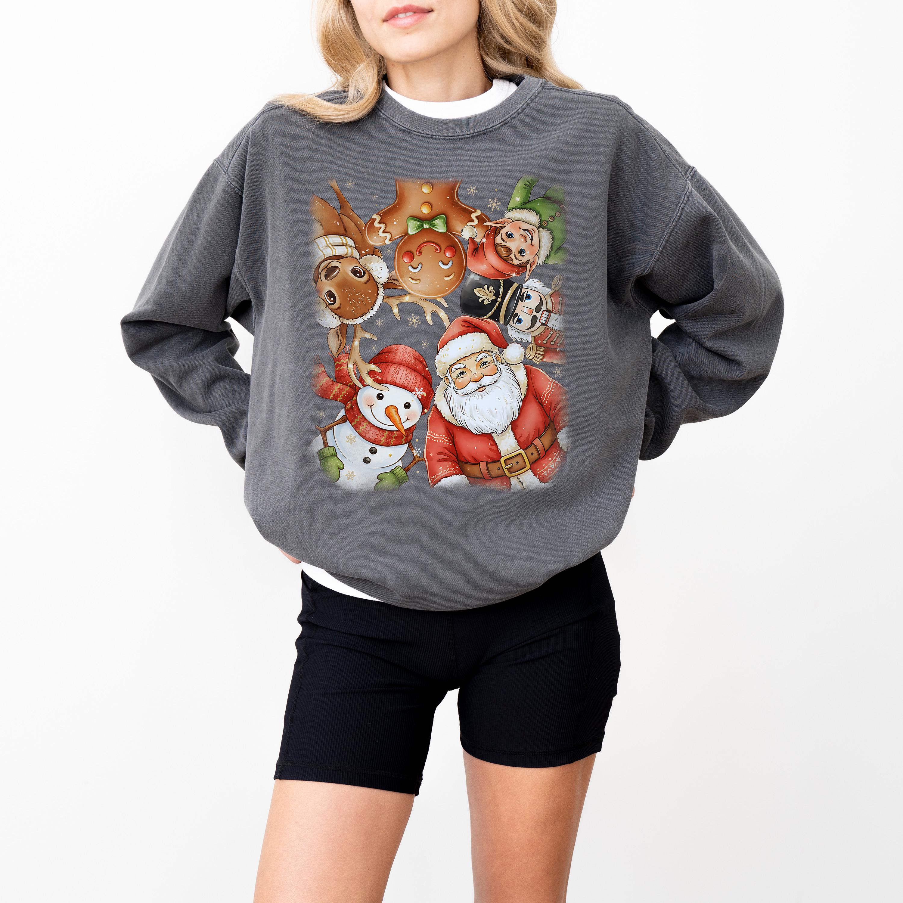Nostalgic Christmas Comfort Colors Sweatshirt: Retro Santa Christmas Sweater, Unisex Vintage Holiday Crewneck, Nut Cracker Snowman Reindeer