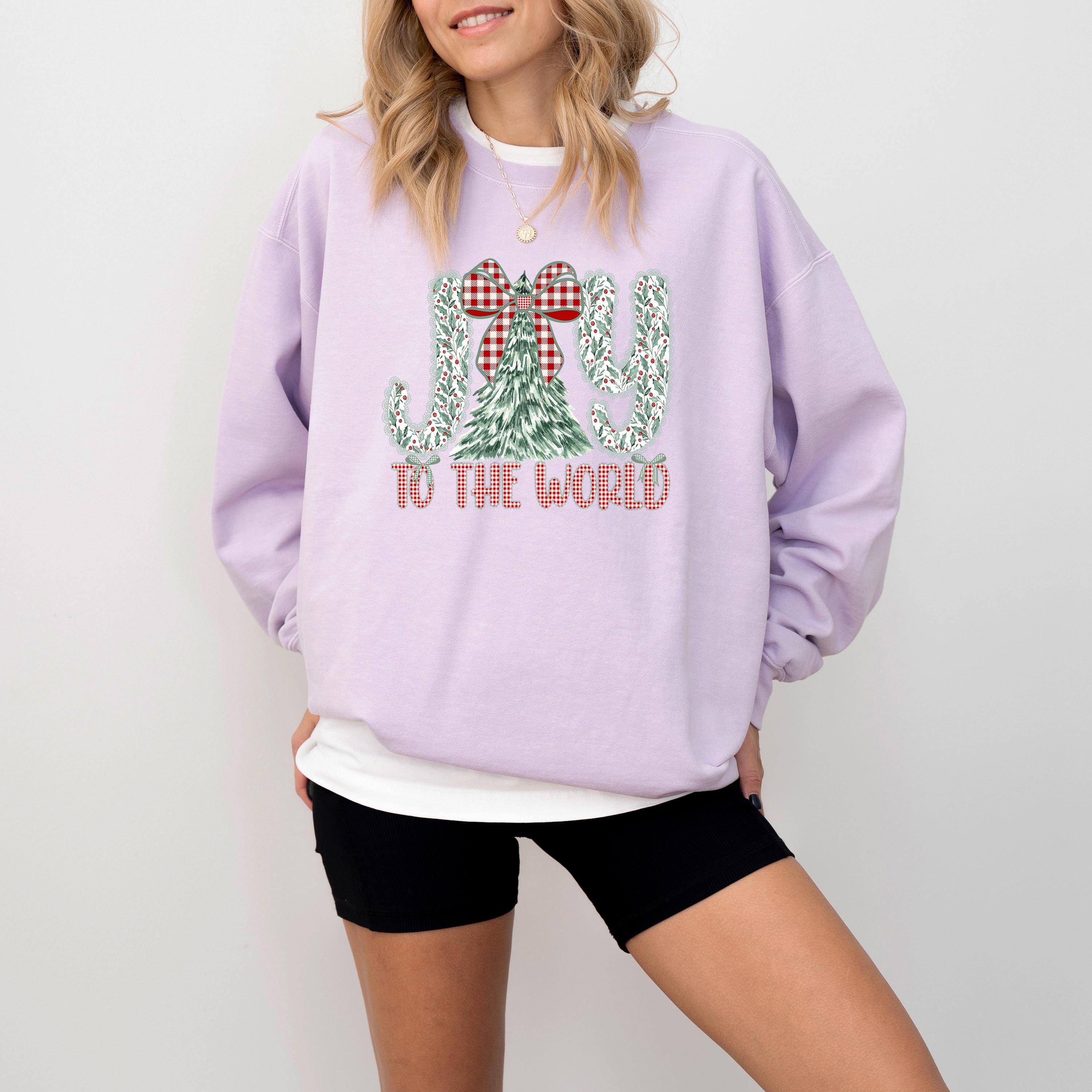 Joy to the World Christmas Comfort Colors Sweatshirt: Retro Christmas Tree Design, Santa Christmas Sweater, Red Plaid Bow Holiday Crewneck,