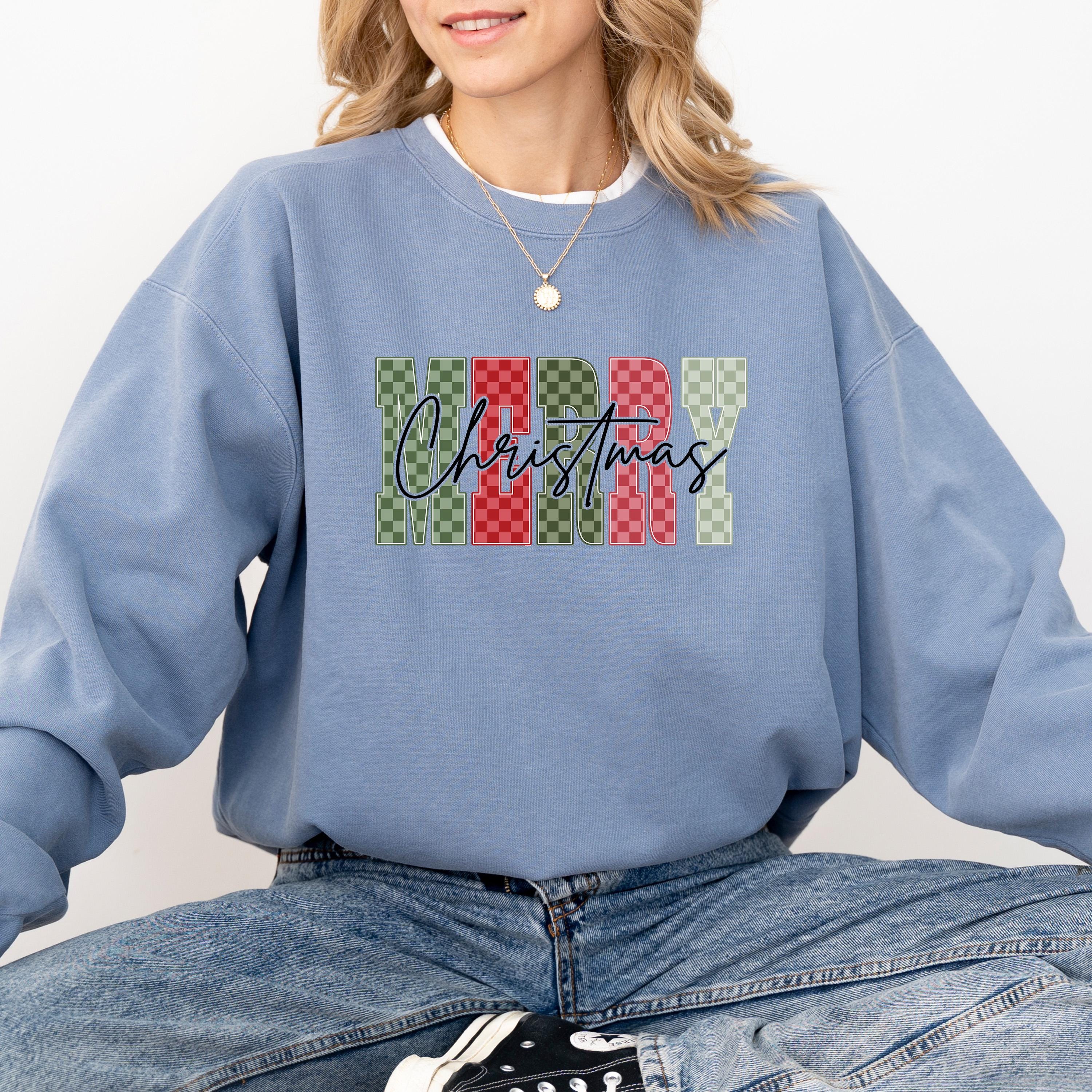 Checkered Merry Christmas Comfort Colors Sweatshirt: Retro Christmas Tree Design, Santa Christmas Sweater, Red Plaid Bow Holiday Crewneck,