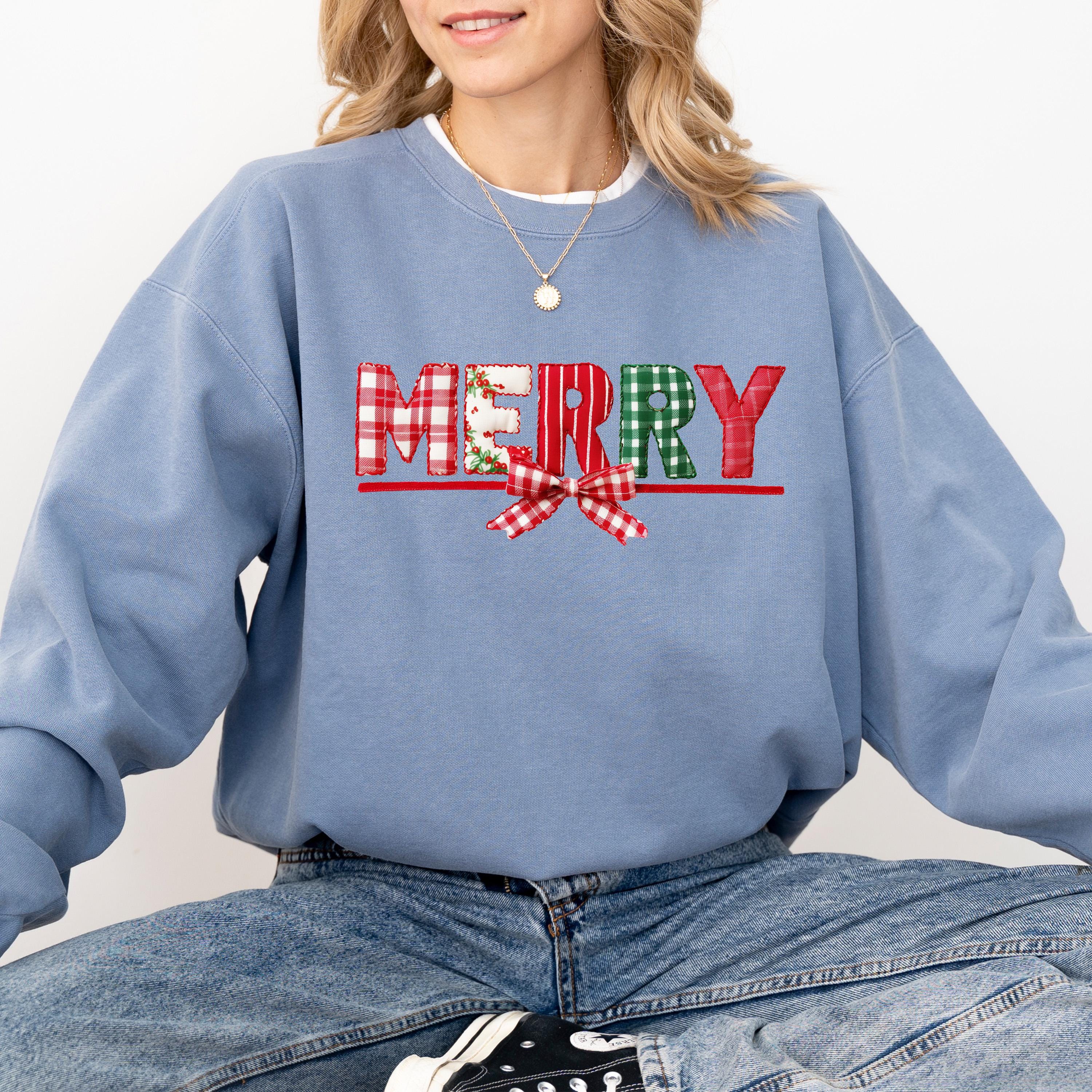 Merry Christmas Comfort Colors Sweatshirt: Retro Christmas Patch Work Design, Girly Christmas Sweater, Red Plaid Bow Holiday Crewneck,
