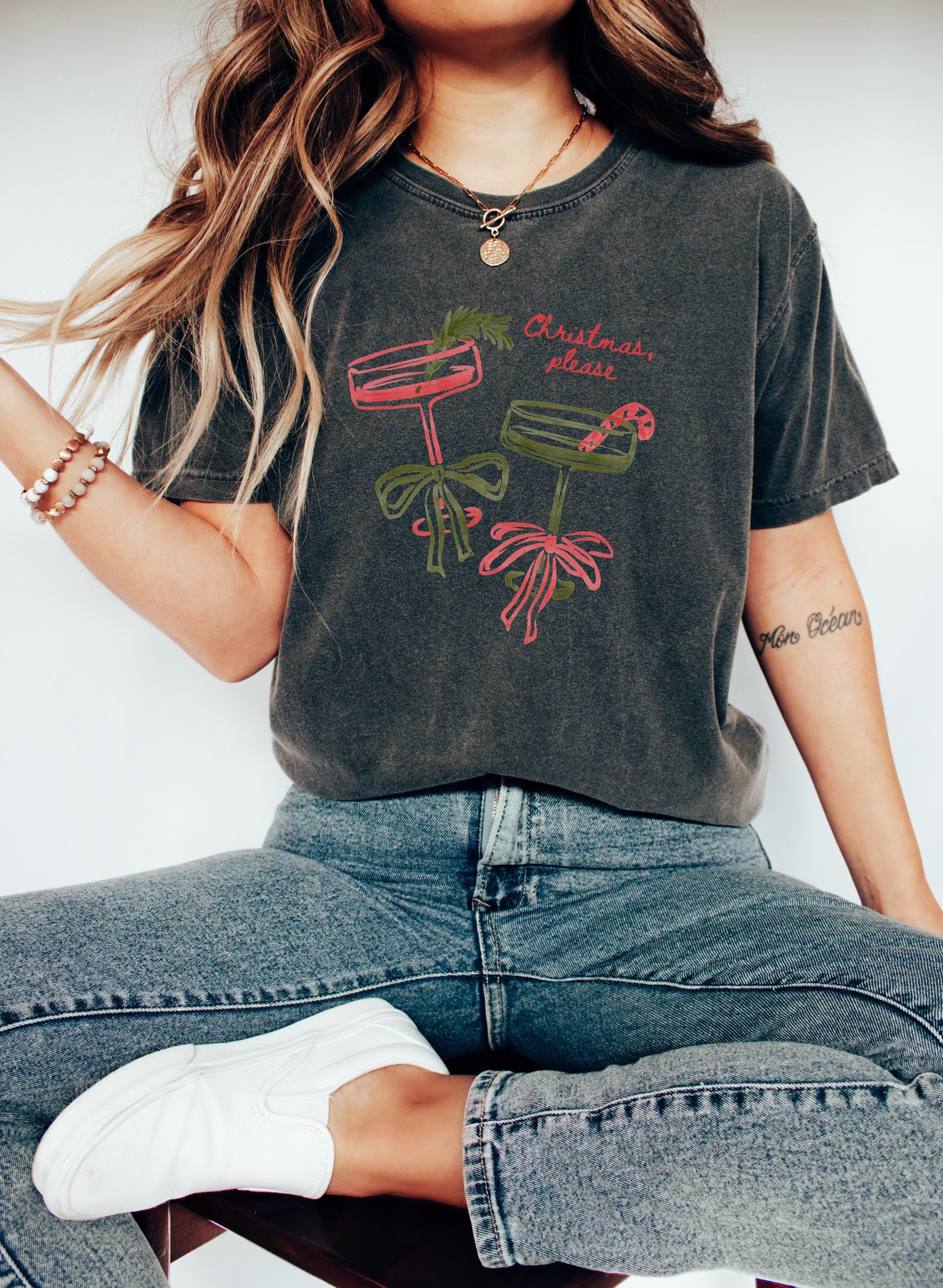 Christmas Please Comfort Colors Shirt, Christmas Martini TShirt, Holiday Red Bow Shirt, Cozy Tee, Christmas Cocktail Design, Candy Cane