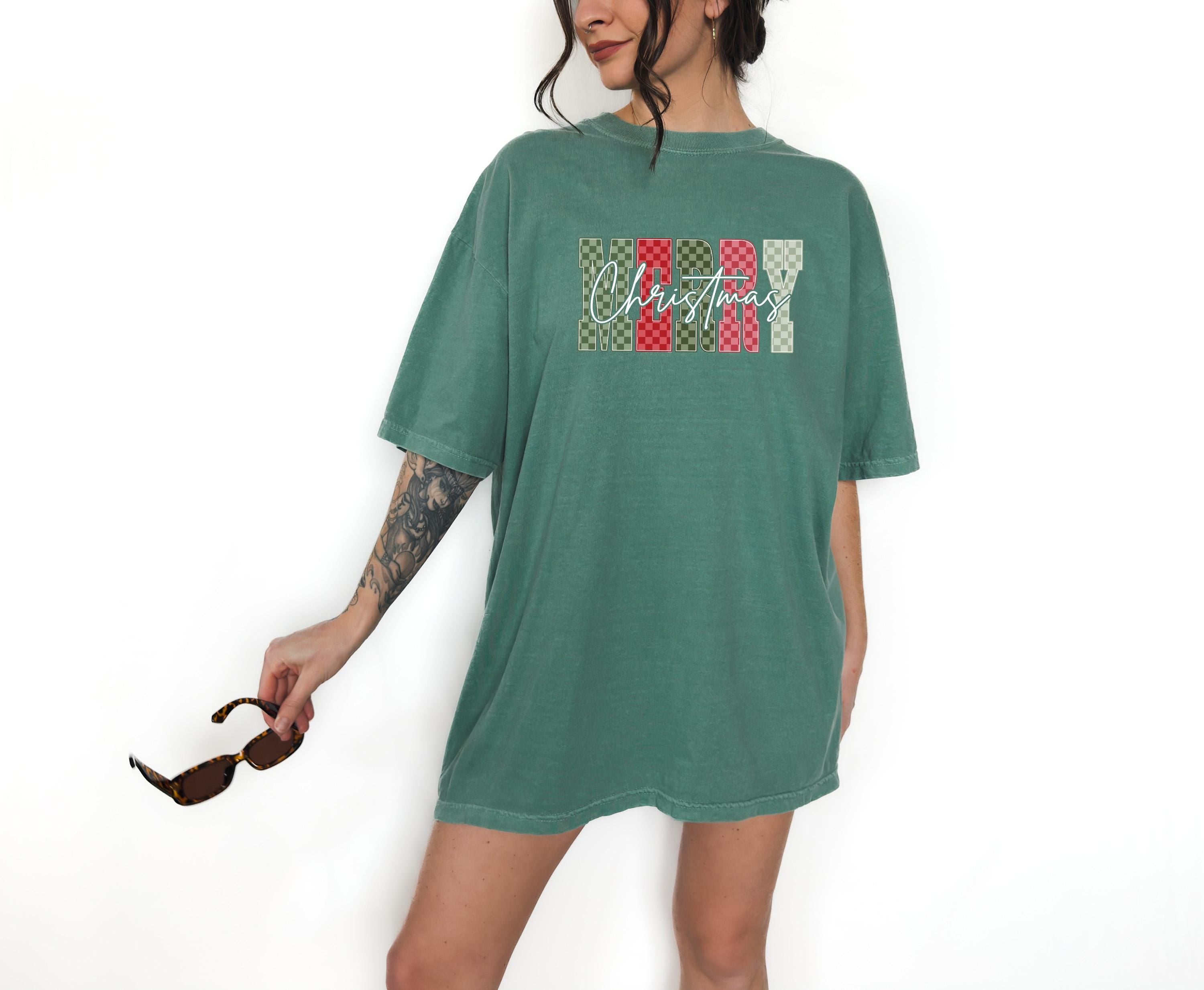 Merry Christmas: Comfort Colors Shirt, Nostalgic Christmas TShirt, Holiday Shirt, Cozy Tee, Christmas Design, Checkered Christmas,