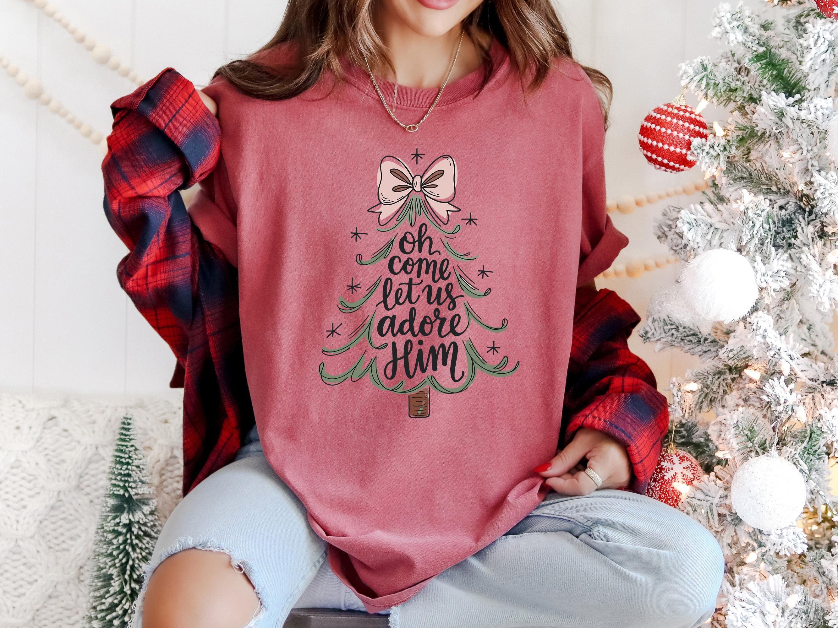 Christmas Comfort Colors Shirt, Nostalgic Christmas TShirt, Holiday Shirt, Cozy Tee, Christmas Patchwork Printed Design, Come Let Us Adore