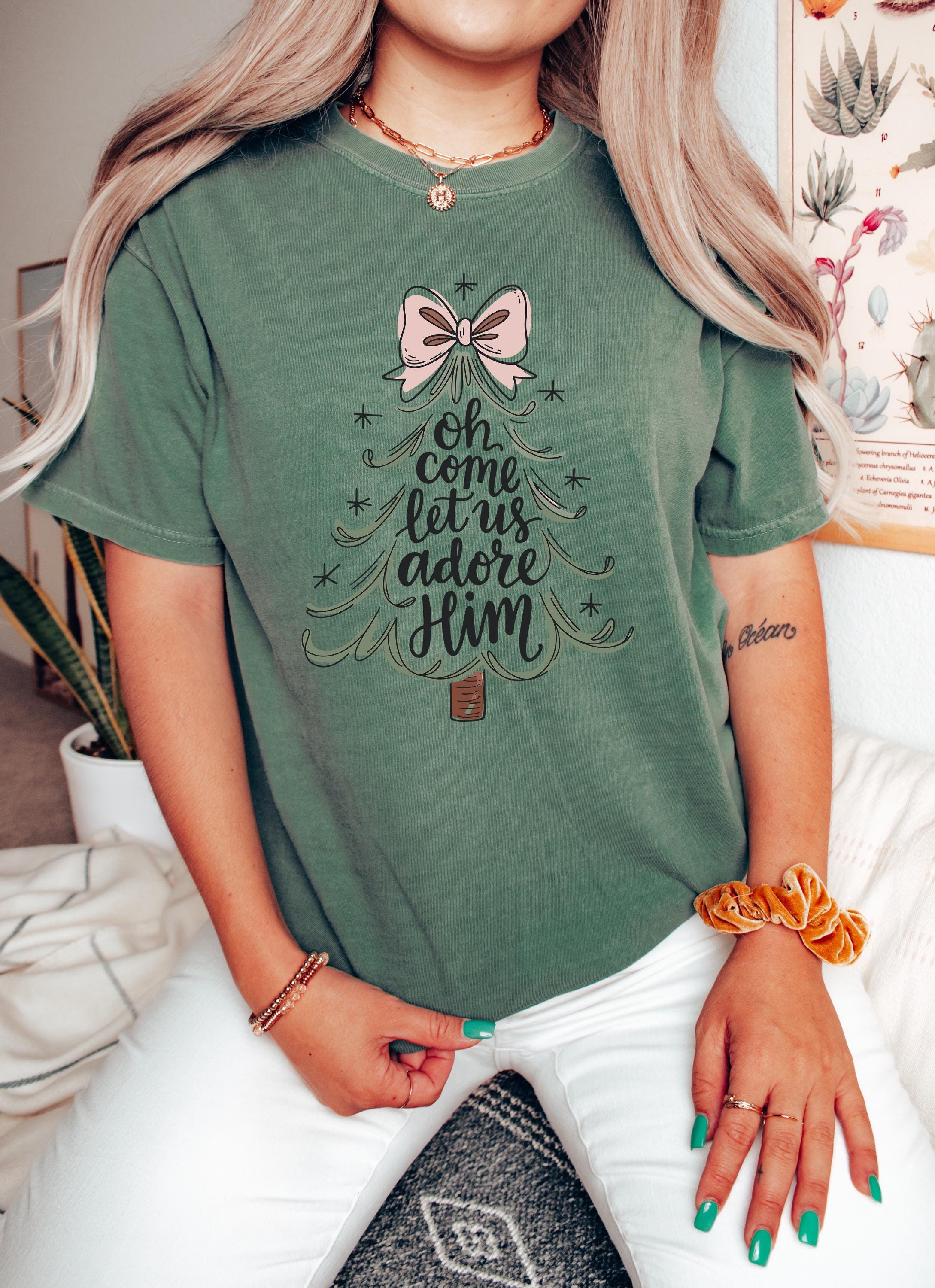Christmas Comfort Colors Shirt, Nostalgic Christmas TShirt, Holiday Shirt, Cozy Tee, Christmas Patchwork Printed Design, Come Let Us Adore