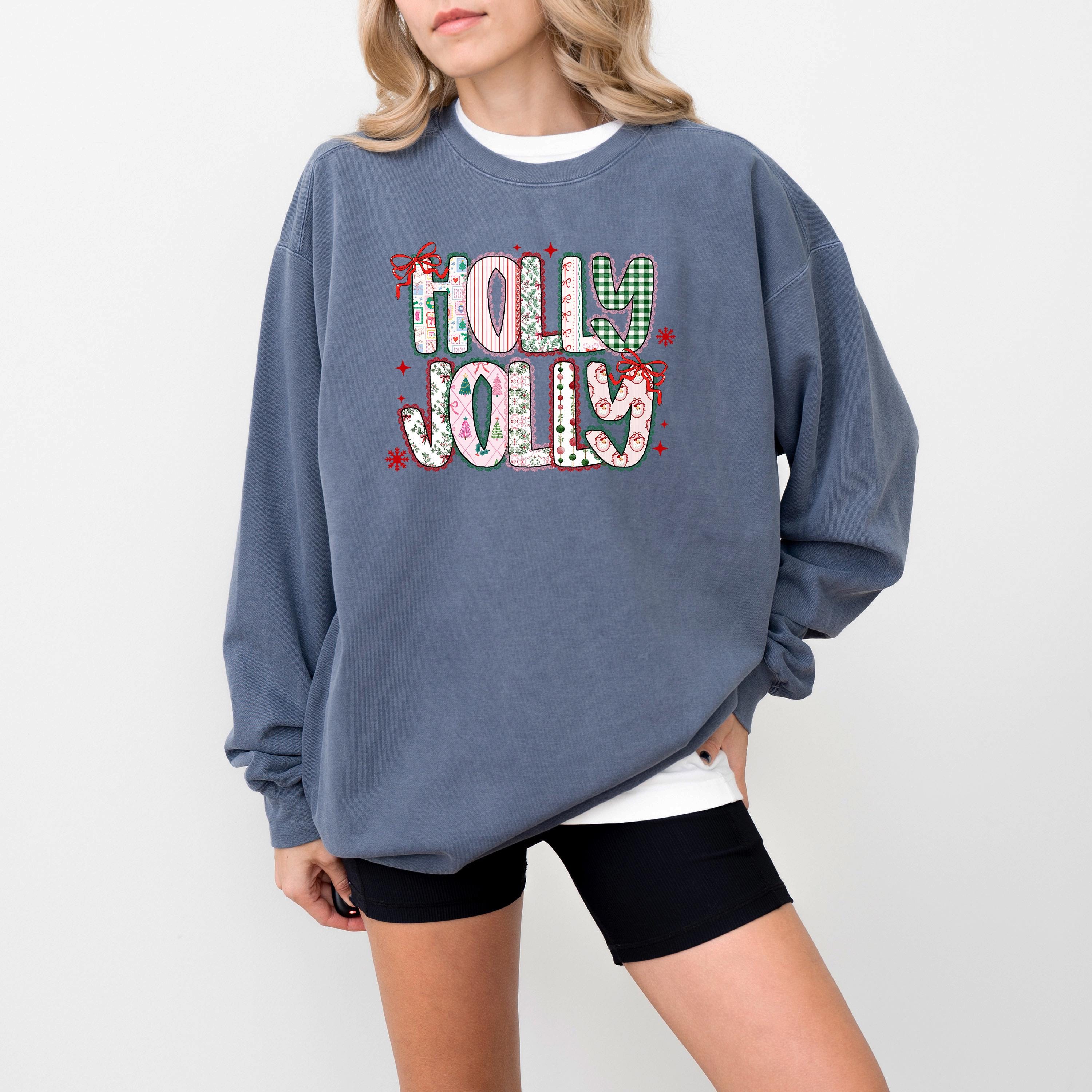 Holly Jolly Comfort Colors Sweatshirt: Girly Christmas Sweater, Unisex Vintage Holiday Crewneck, Santa Christmas Tree Bow Design