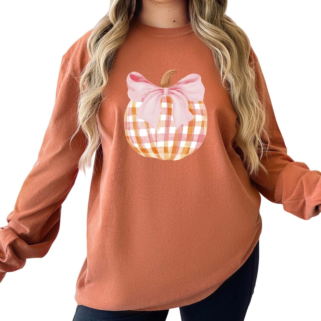 Long Sleeve Retro Fall Comfort Colors Shirt, Pink Plaid Pumpkin Design