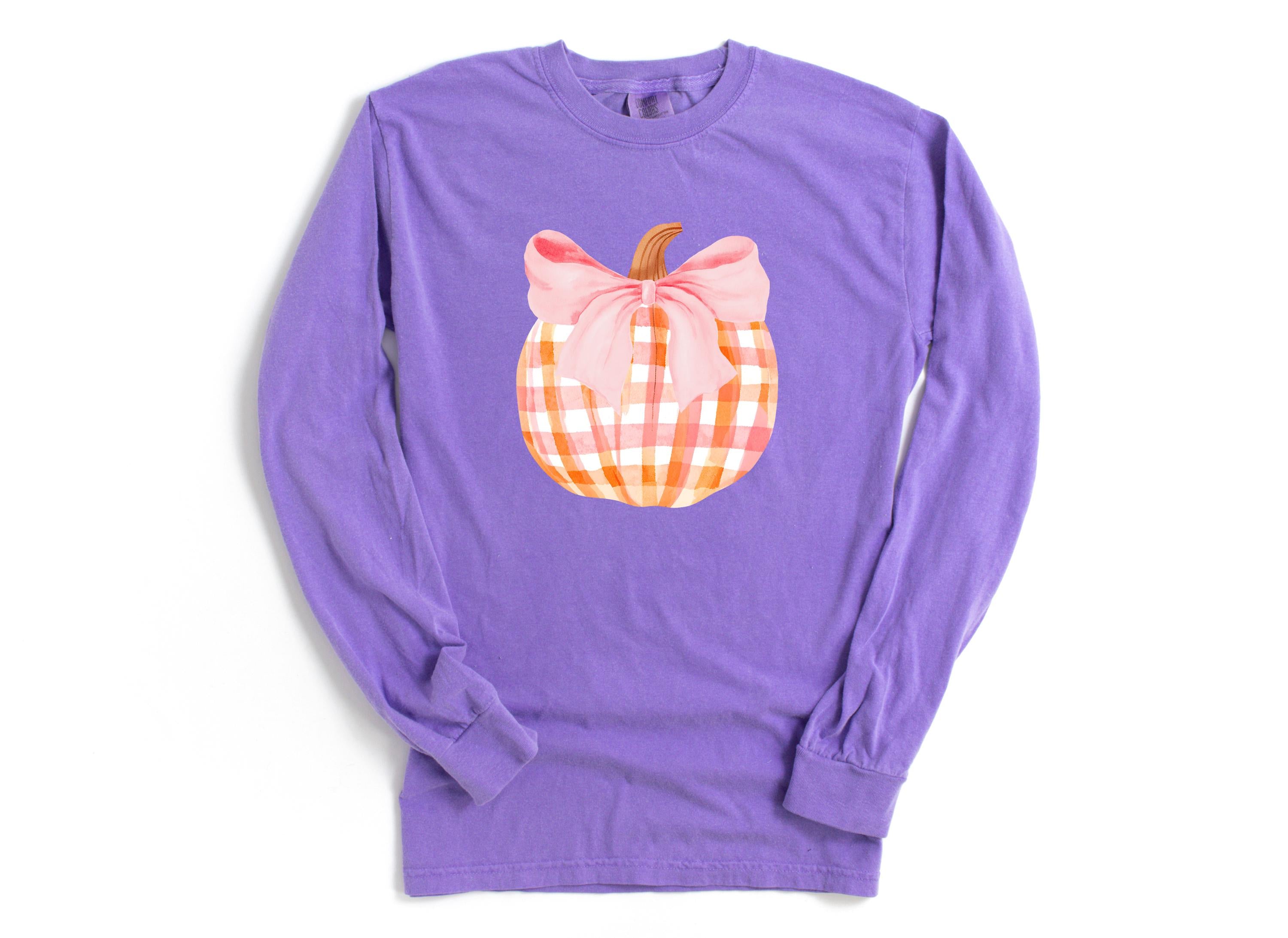 Long Sleeve Retro Fall Comfort Colors Shirt, Pink Plaid Pumpkin Design