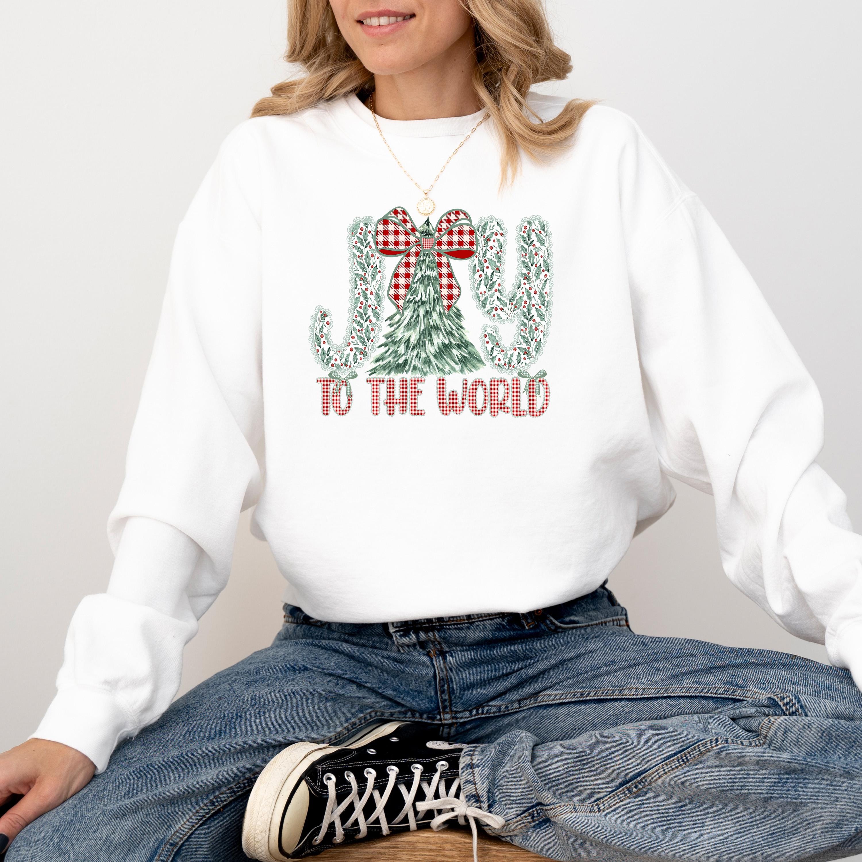 Joy to the World Christmas Comfort Colors Sweatshirt: Retro Christmas Tree Design, Santa Christmas Sweater, Red Plaid Bow Holiday Crewneck,