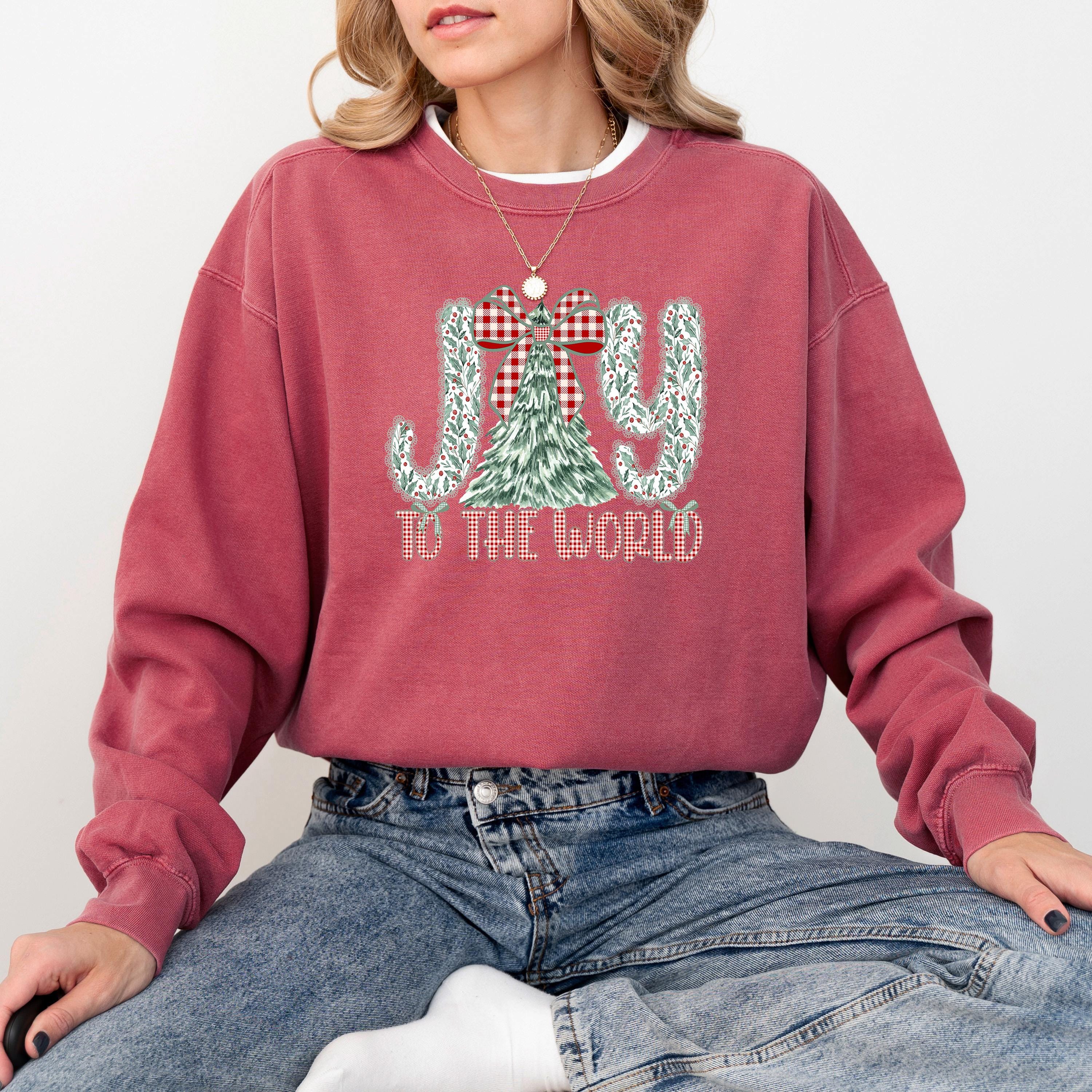 Joy to the World Christmas Comfort Colors Sweatshirt: Retro Christmas Tree Design, Santa Christmas Sweater, Red Plaid Bow Holiday Crewneck,