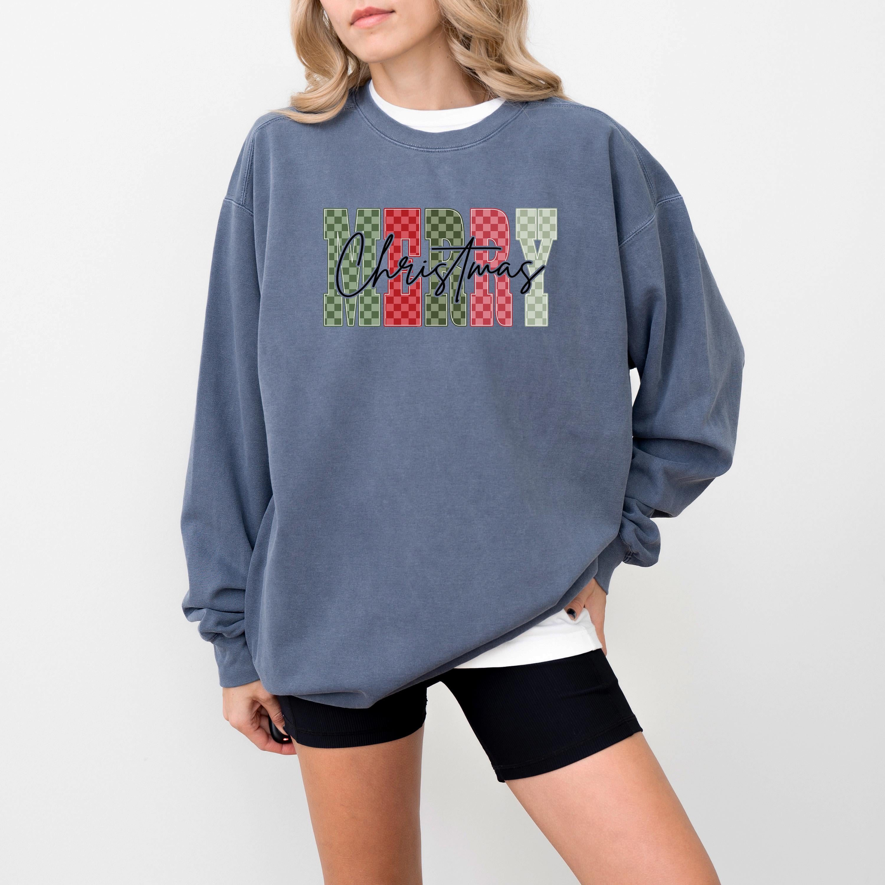 Checkered Merry Christmas Comfort Colors Sweatshirt: Retro Christmas Tree Design, Santa Christmas Sweater, Red Plaid Bow Holiday Crewneck,
