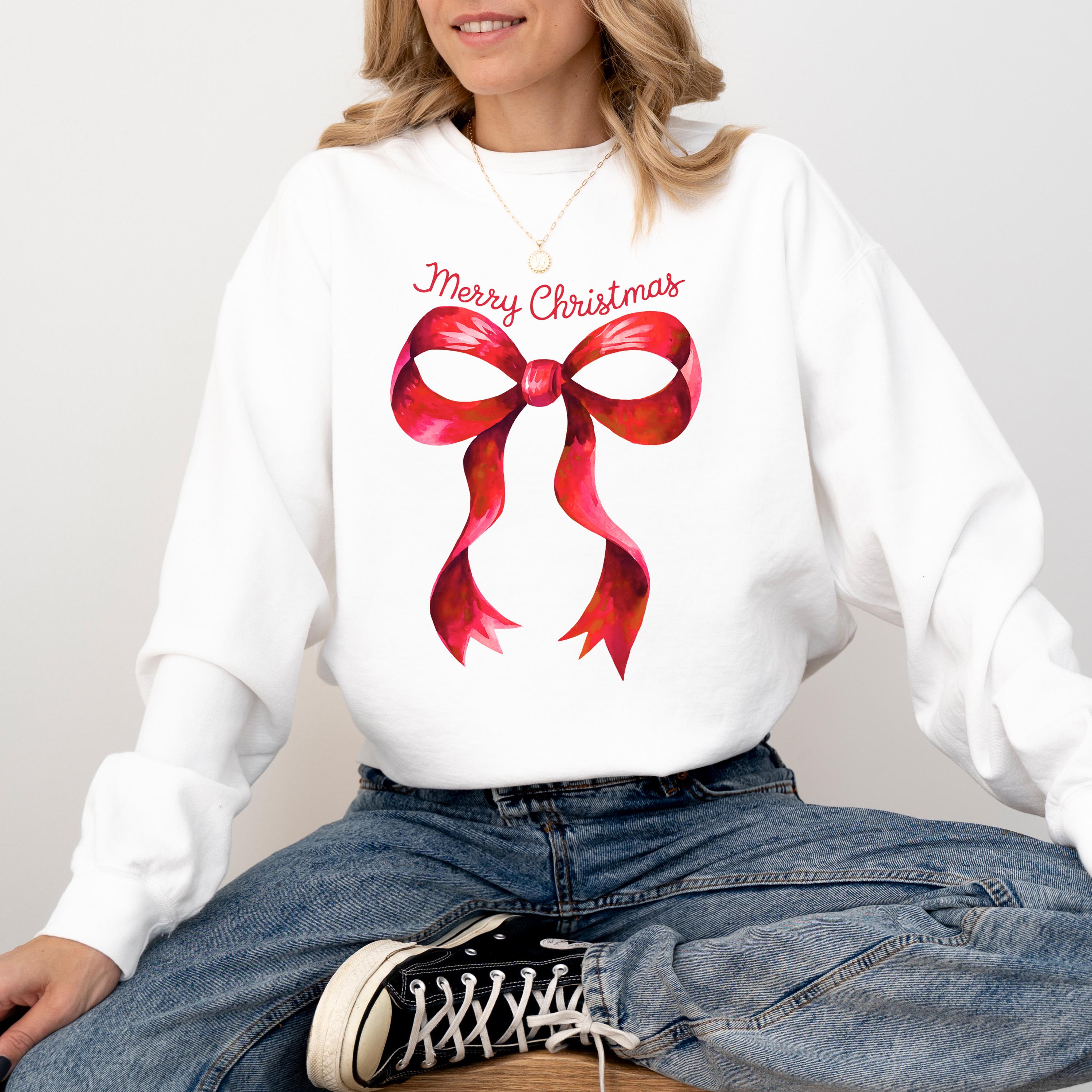 Merry Christmas Comfort Colors Sweatshirt: Retro Christmas Bow Design, Girly Christmas Sweater, Red Plaid Bow Holiday Crewneck,