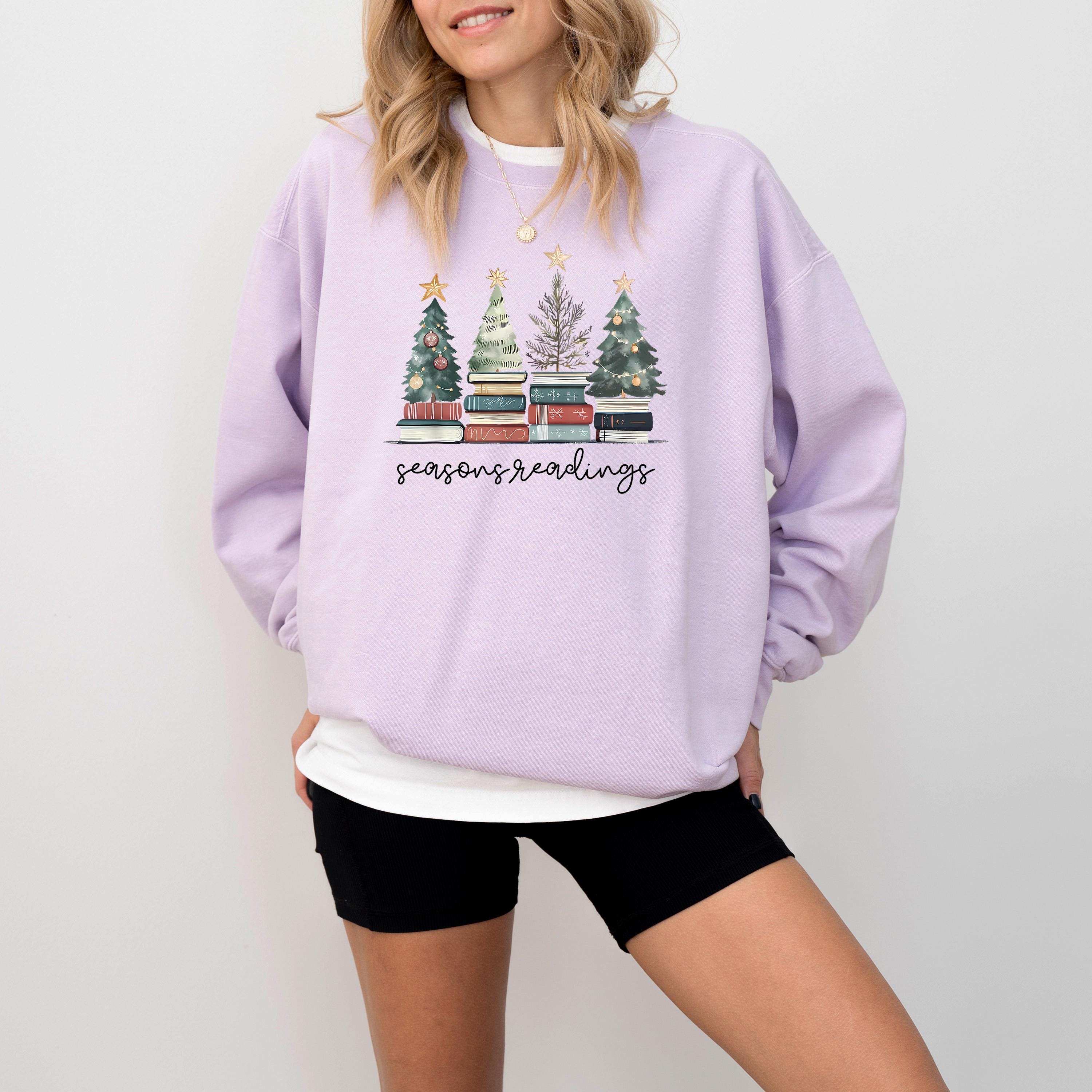 Seasons Readings Comfort Colors Christmas Sweatshirt: Retro Christmas Tree Design, Bookish Christmas Sweater, RL Bow Holiday Crewneck,
