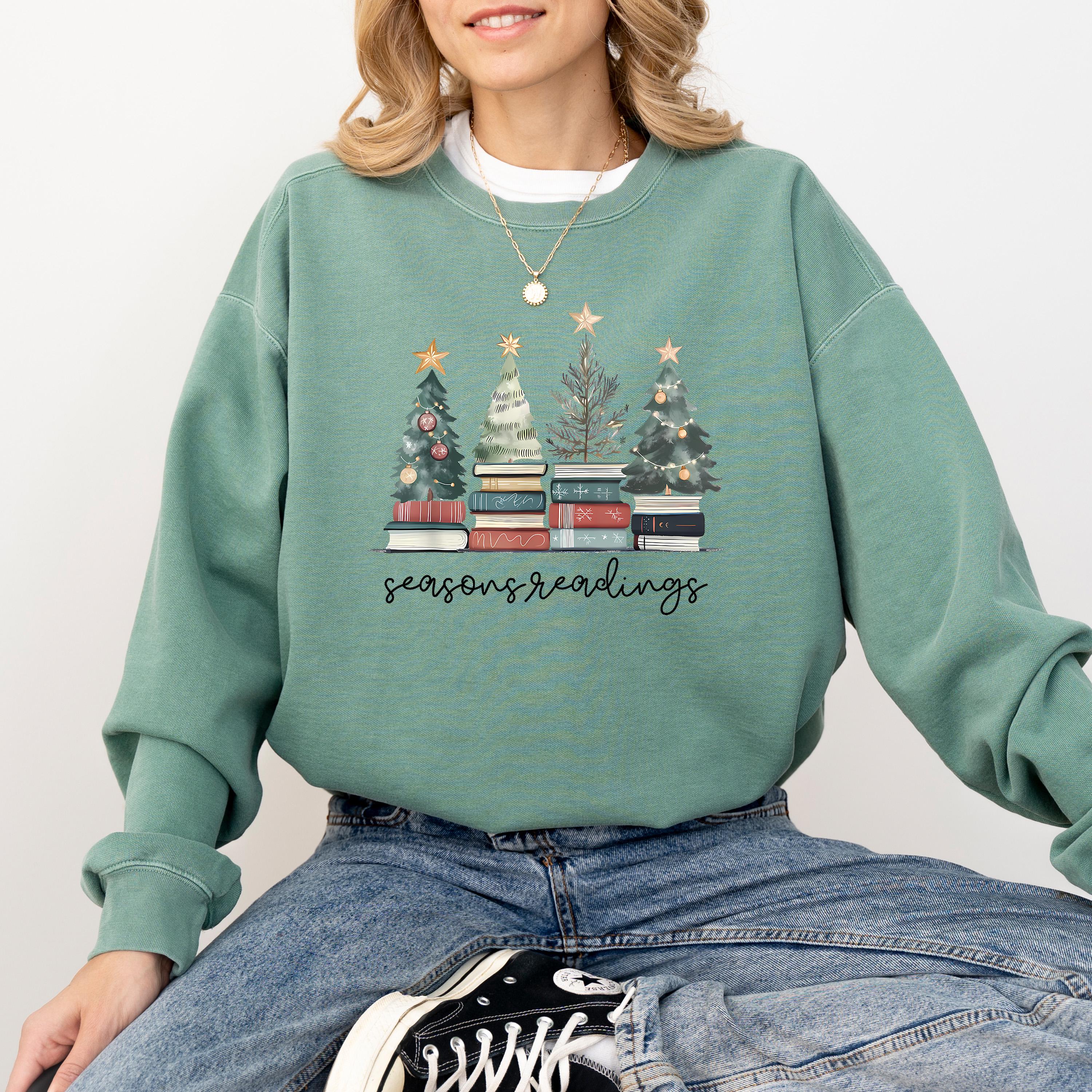 Seasons Readings Comfort Colors Christmas Sweatshirt: Retro Christmas Tree Design, Bookish Christmas Sweater, RL Bow Holiday Crewneck,