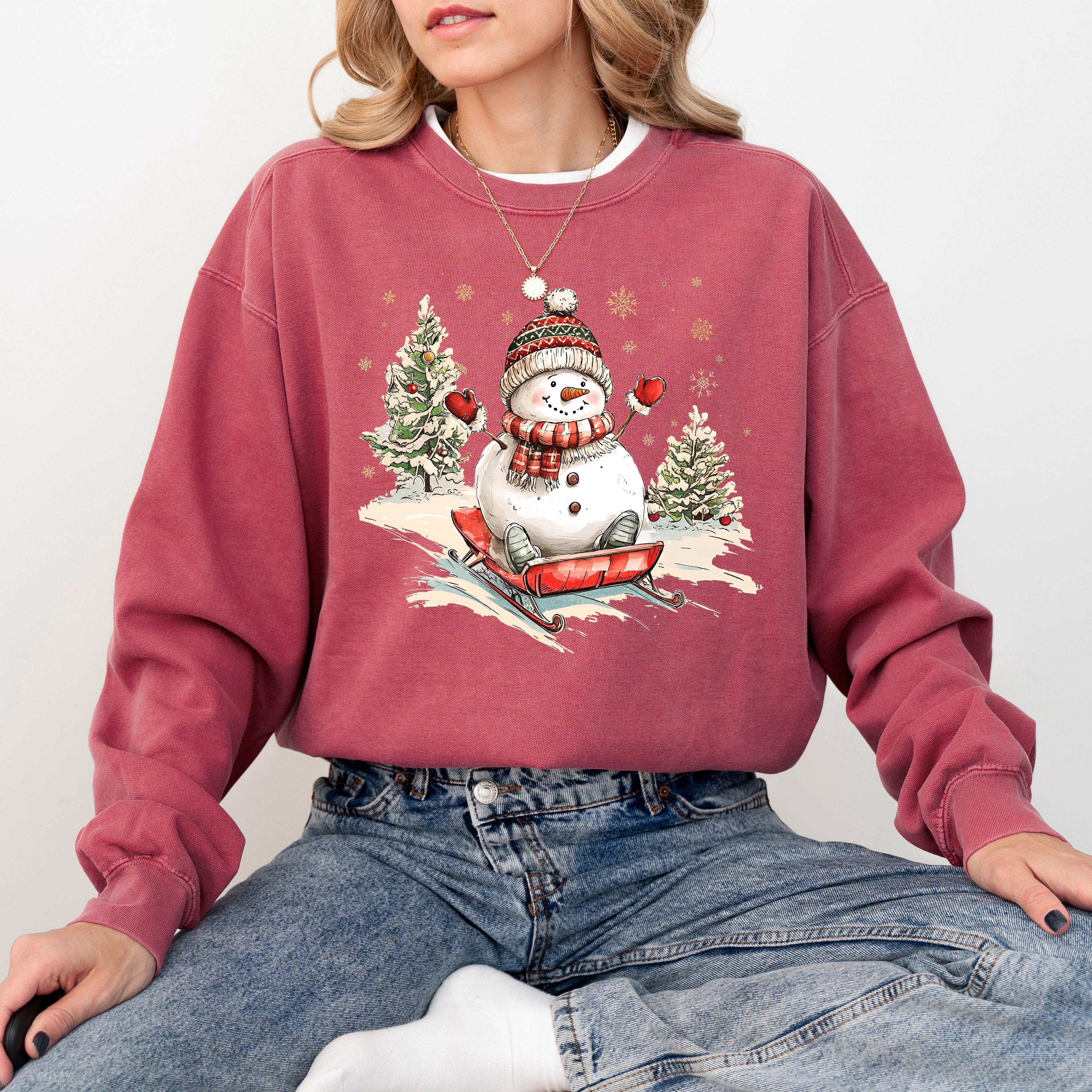 Nostalgic Christmas Comfort Colors Sweatshirt: Retro Christmas Design, Snowman Christmas Sweater, Holiday Crewneck, Sledding Winter Shirt