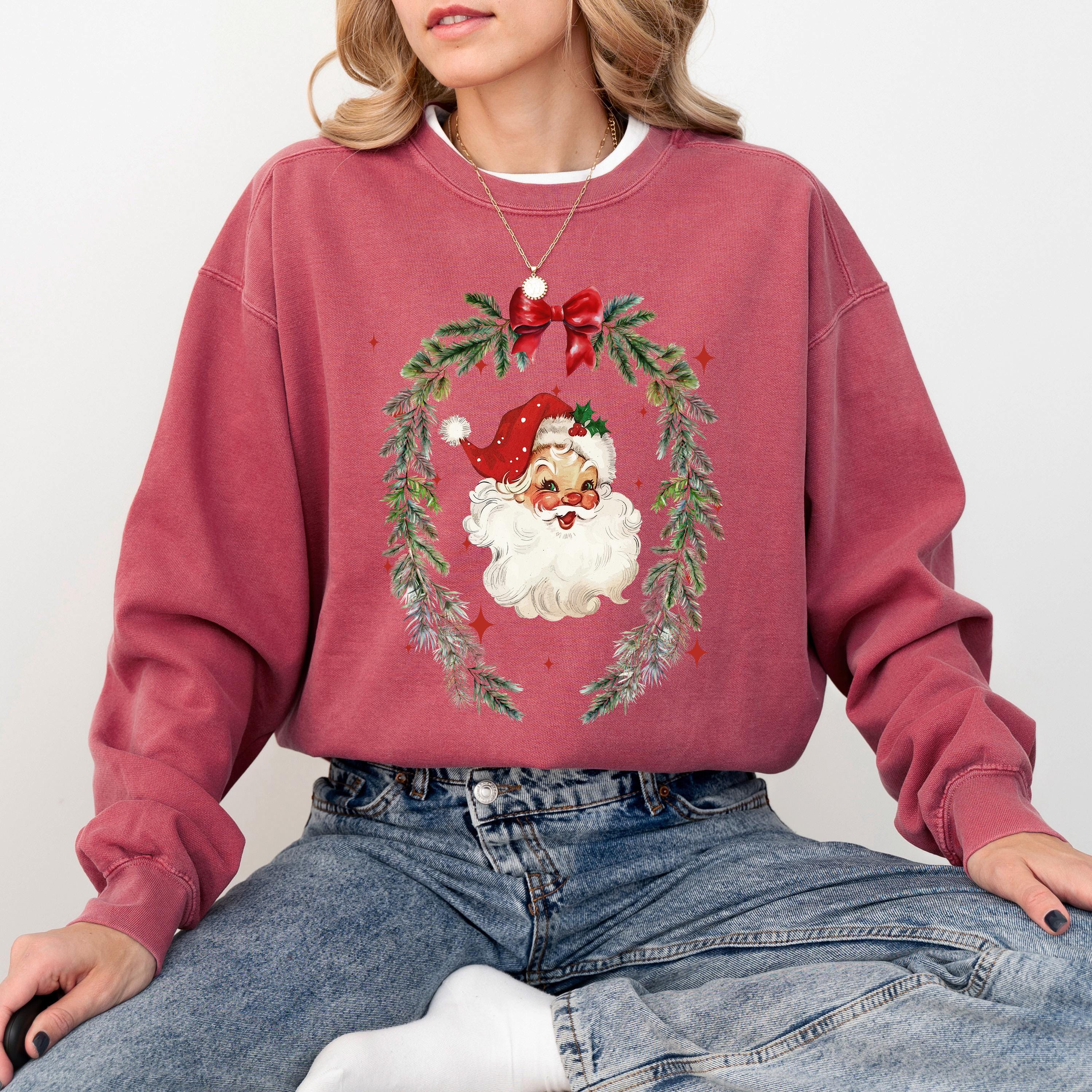 Retro Santa Christmas Comfort Colors Sweatshirt: Vintage Christmas Bow Design, Girly Christmas Sweater, Holiday Crewneck,
