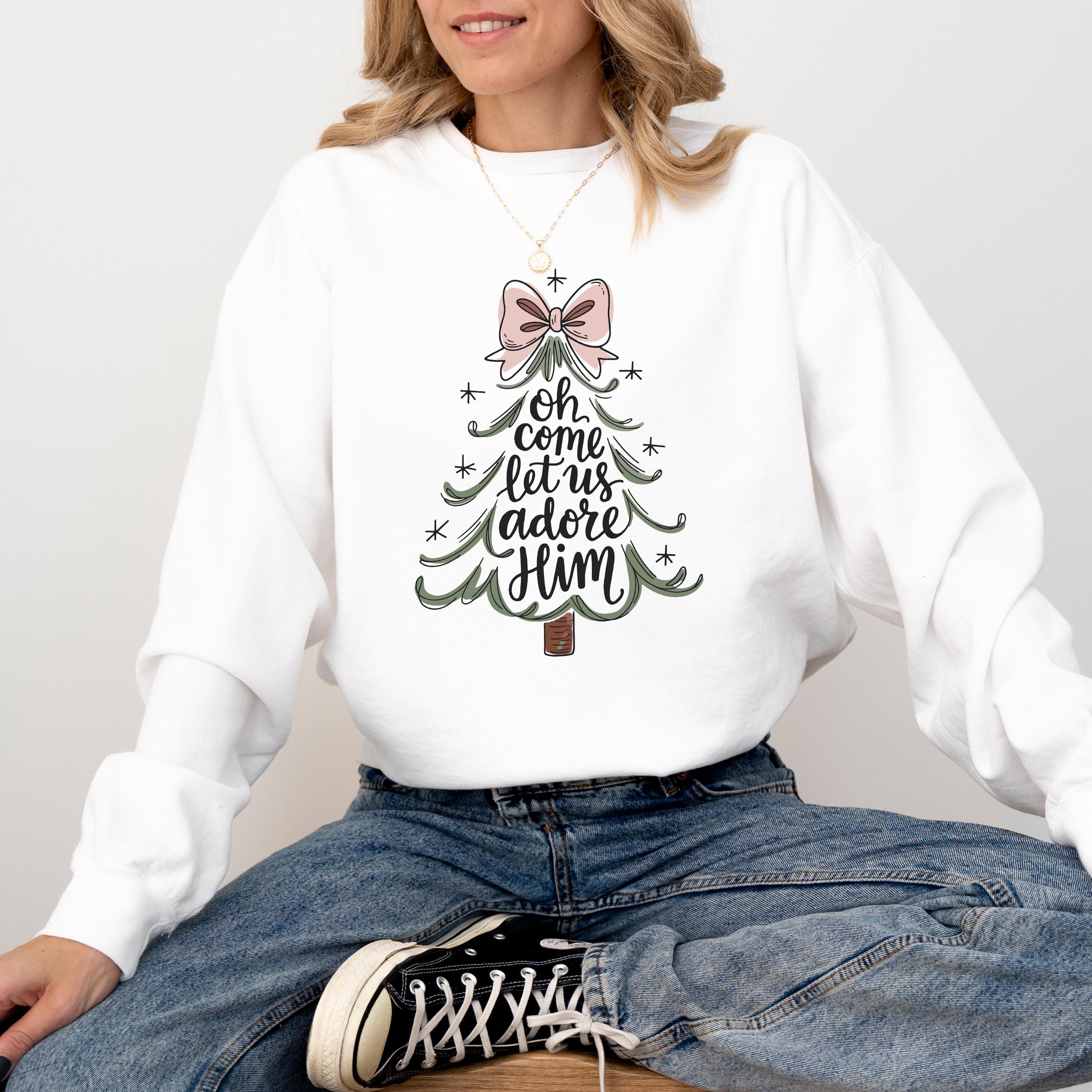 Oh Come Let Us Adore Him Christmas Comfort Colors Sweatshirt: Retro Christmas Tree Design, Christmas Sweater, Red Plaid Holiday Crewnecl,