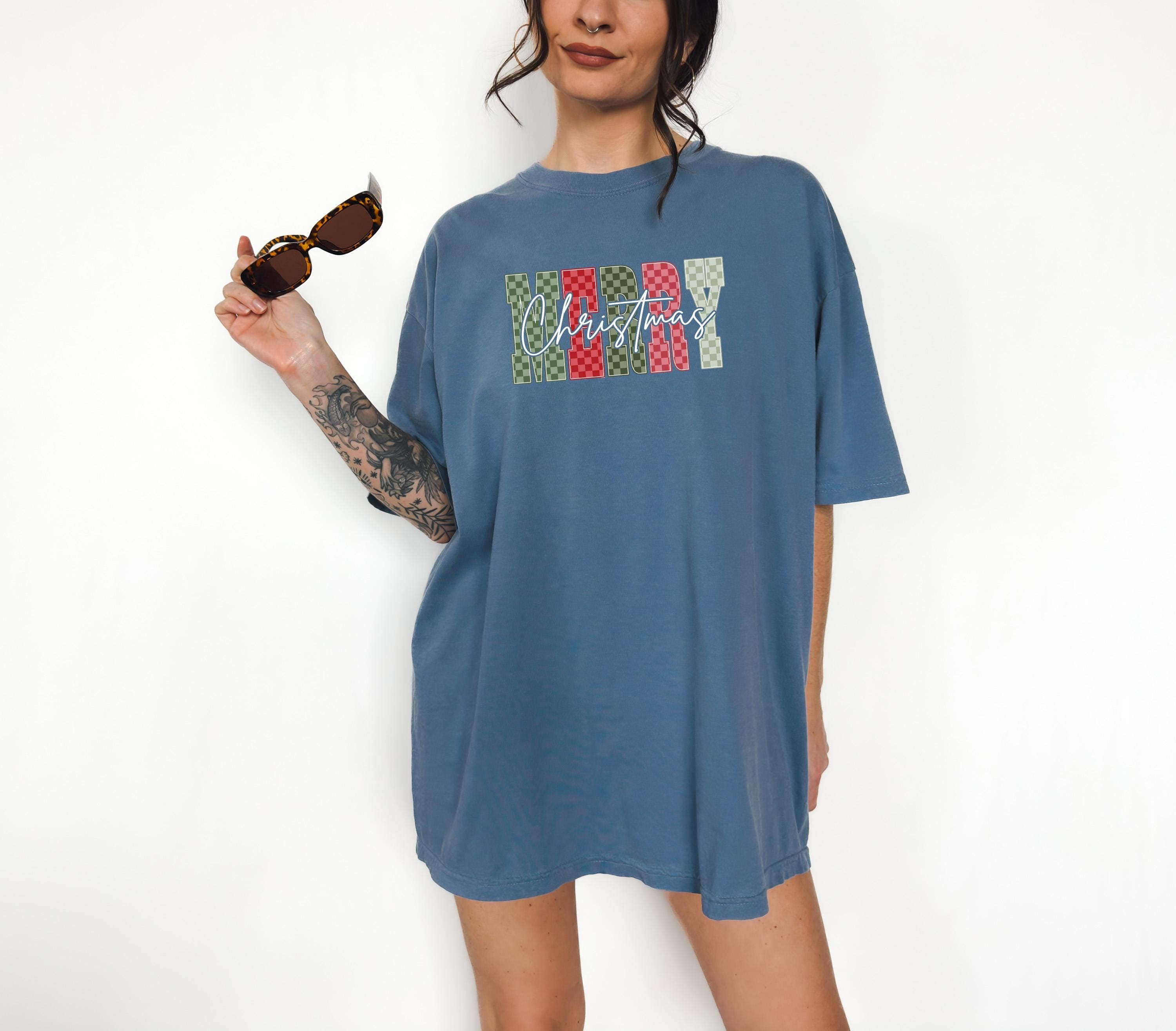 Merry Christmas: Comfort Colors Shirt, Nostalgic Christmas TShirt, Holiday Shirt, Cozy Tee, Christmas Design, Checkered Christmas,