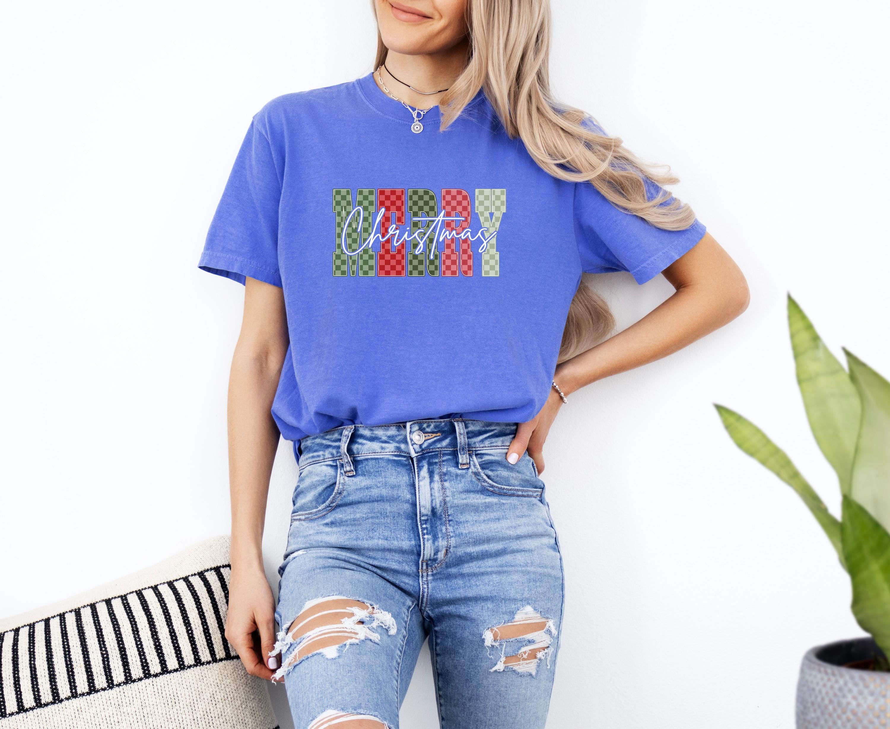 Merry Christmas: Comfort Colors Shirt, Nostalgic Christmas TShirt, Holiday Shirt, Cozy Tee, Christmas Design, Checkered Christmas,