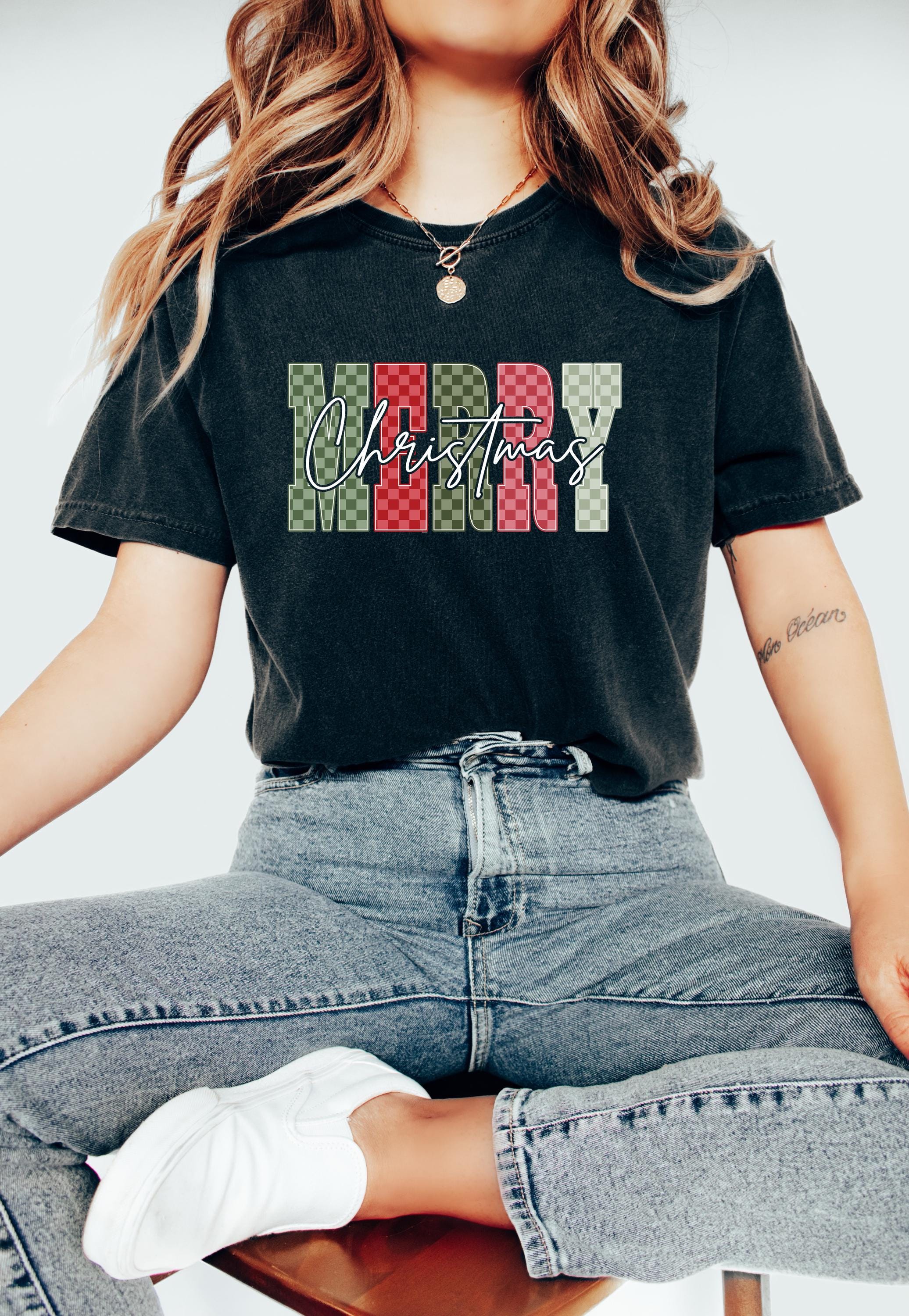 Merry Christmas: Comfort Colors Shirt, Nostalgic Christmas TShirt, Holiday Shirt, Cozy Tee, Christmas Design, Checkered Christmas,