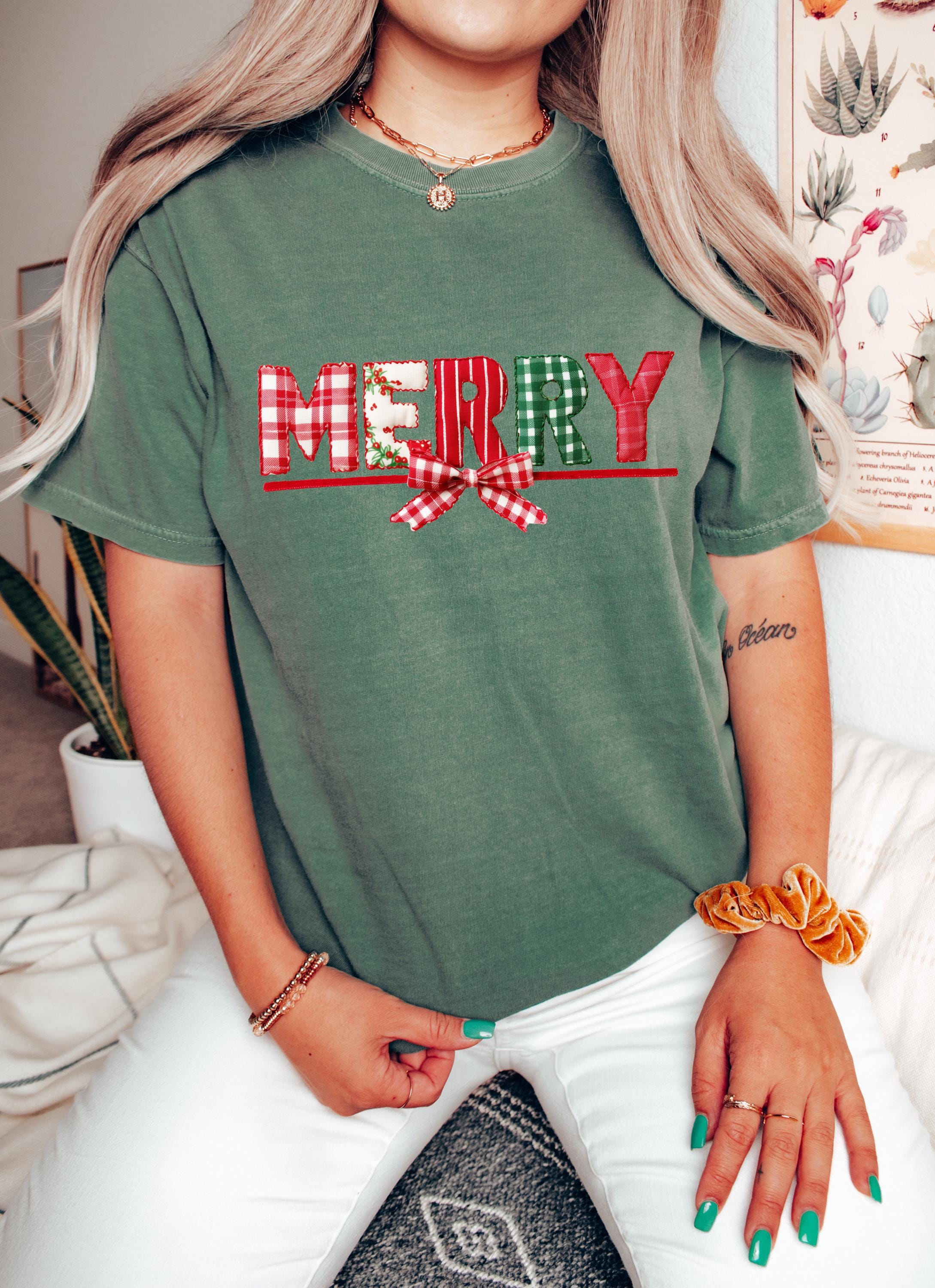 Merry Christmas: Comfort Colors Shirt, Nostalgic Christmas TShirt, Holiday Shirt, Cozy Tee, Christmas Patchwork Printed Design