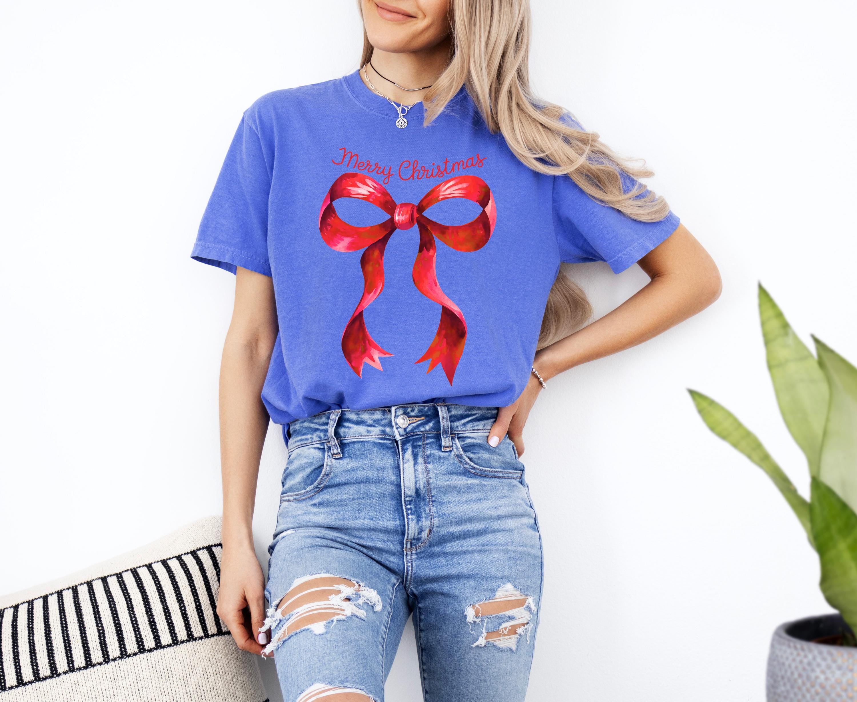 Merry Christmas: Comfort Colors Shirt, Vintage Red Bow TShirt, Holiday Shirt, Cozy Holiday Tee,