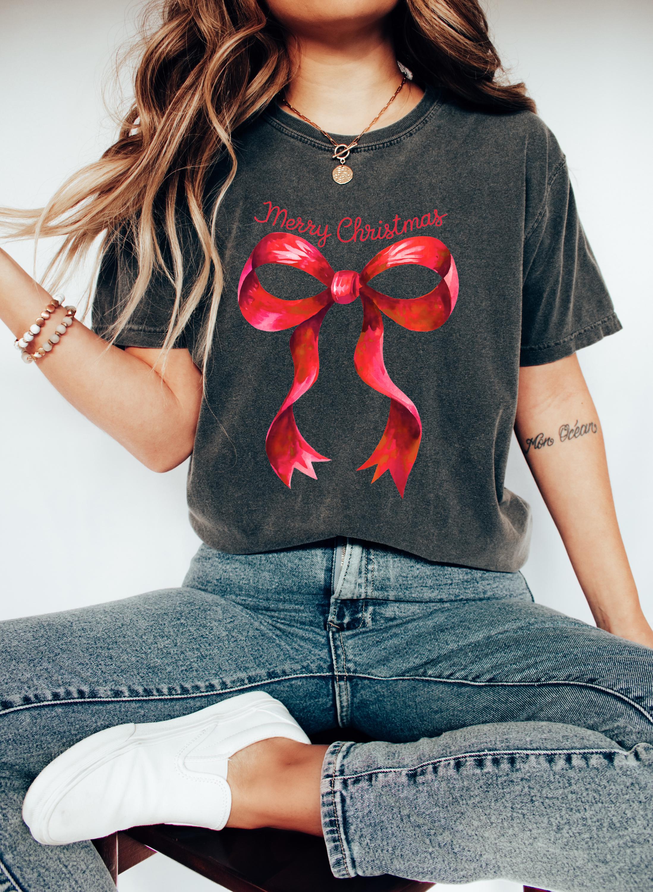 Merry Christmas: Comfort Colors Shirt, Vintage Red Bow TShirt, Holiday Shirt, Cozy Holiday Tee,