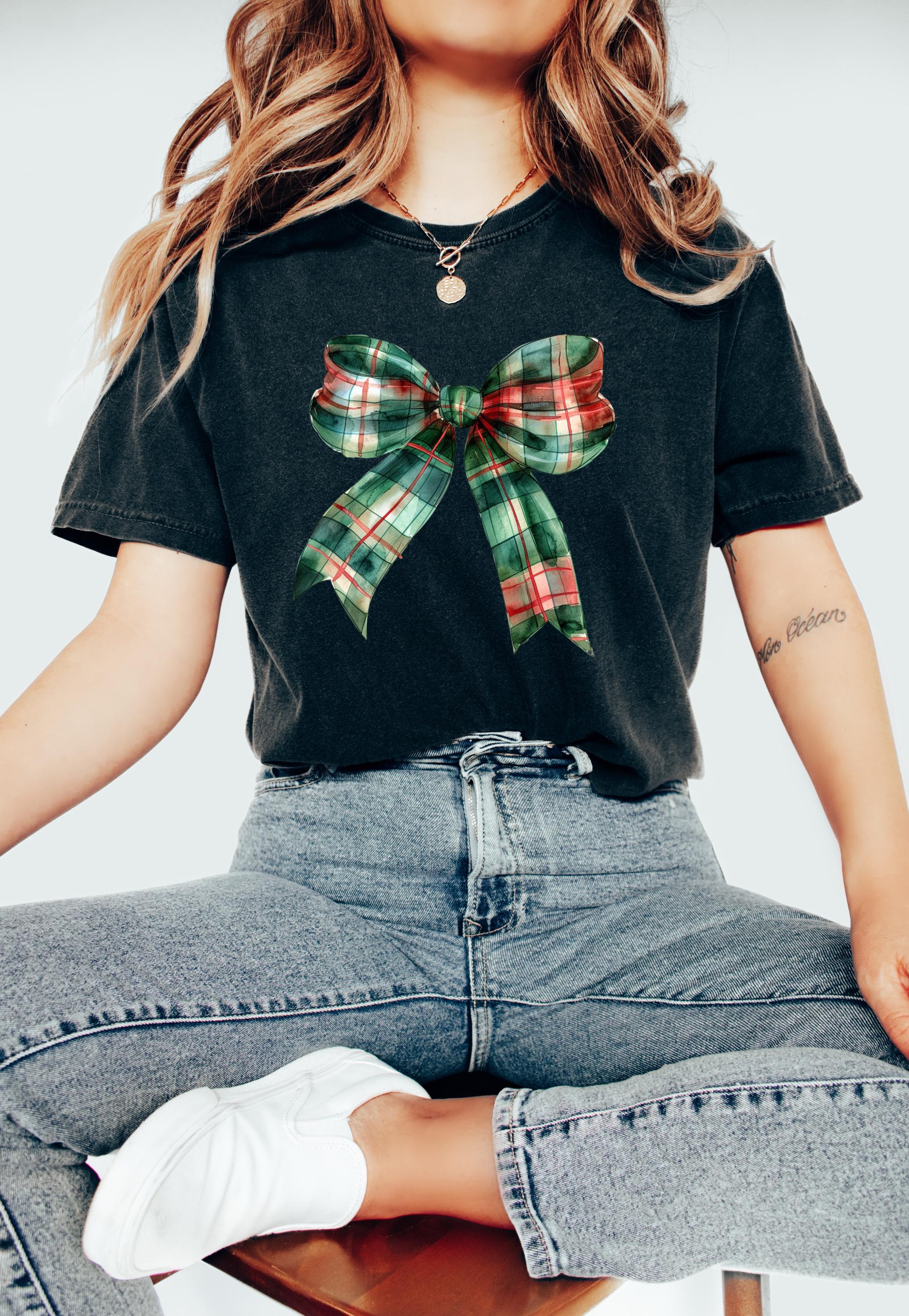 Christmas Plaid Comfort Colors Shirt, Nostalgic Christmas TShirt, Holiday Shirt, Cozy T, Christmas Design, Green Bow Design, Christmas 2025