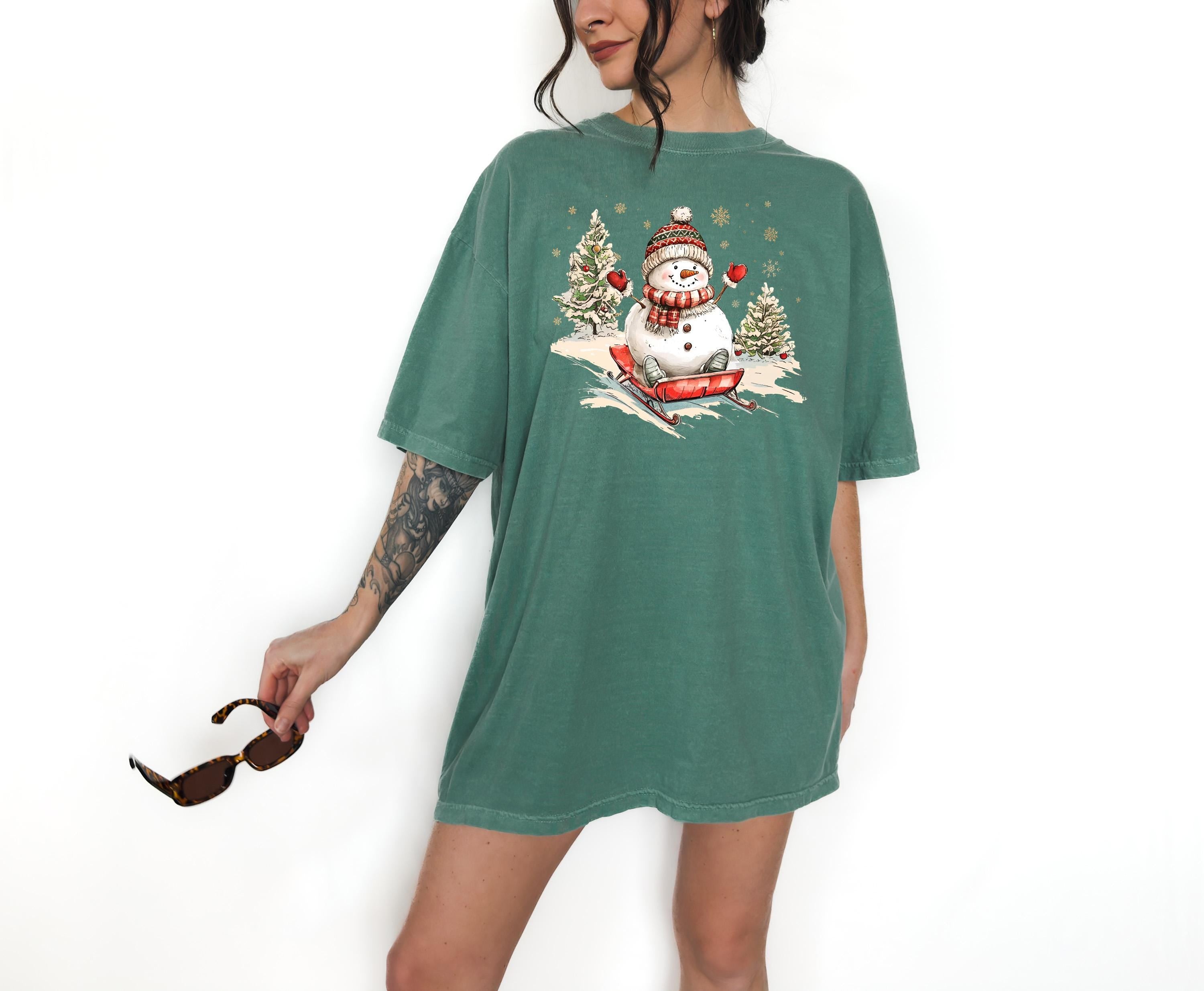 Nostalgic Sledding Snowman Comfort Colors Shirt, Retro Christmas TShirt, Unisex Holiday Shirt, Cozy T, Christmas Design, Christmas 2025