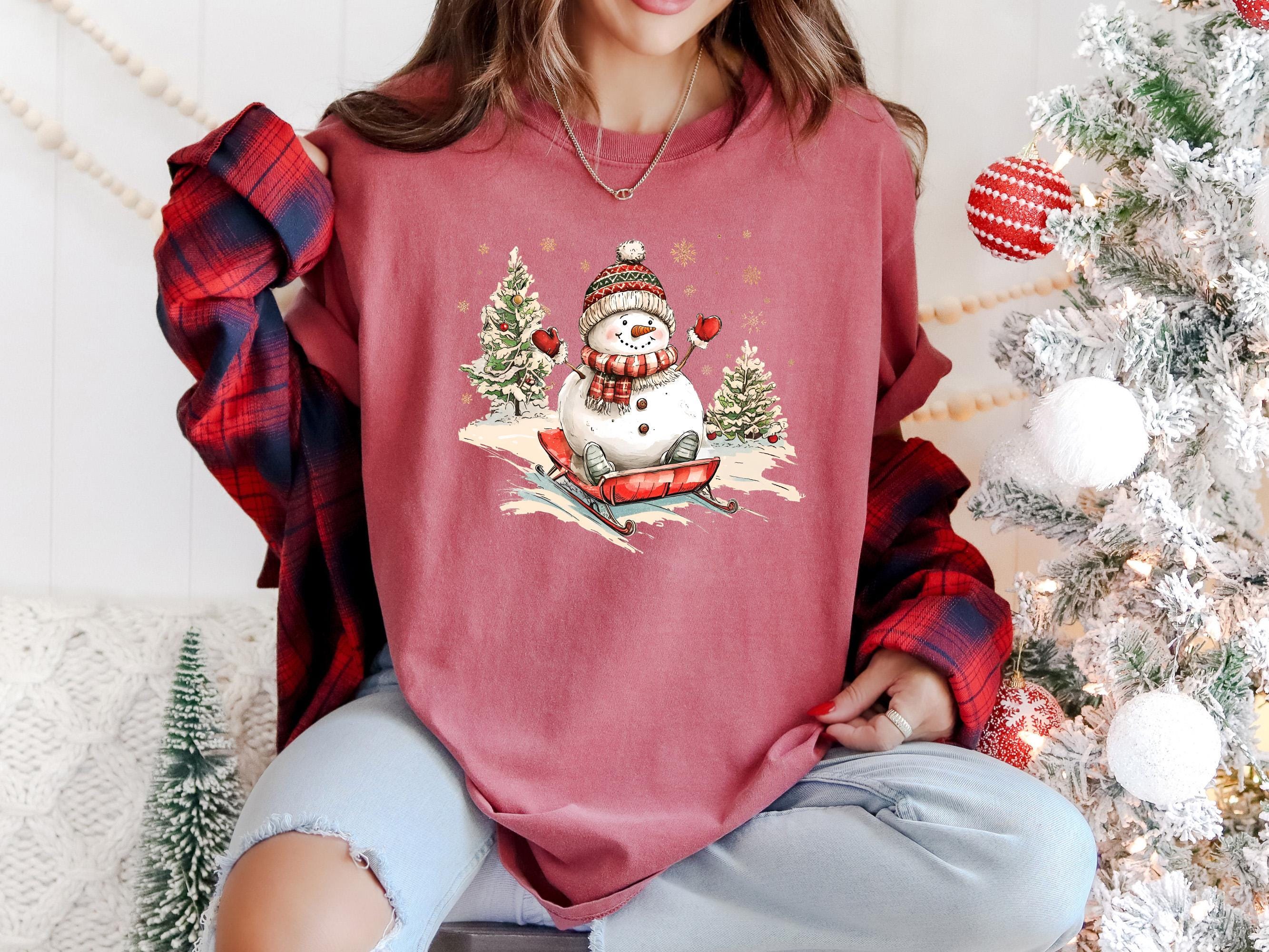 Nostalgic Sledding Snowman Comfort Colors Shirt, Retro Christmas TShirt, Unisex Holiday Shirt, Cozy T, Christmas Design, Christmas 2025