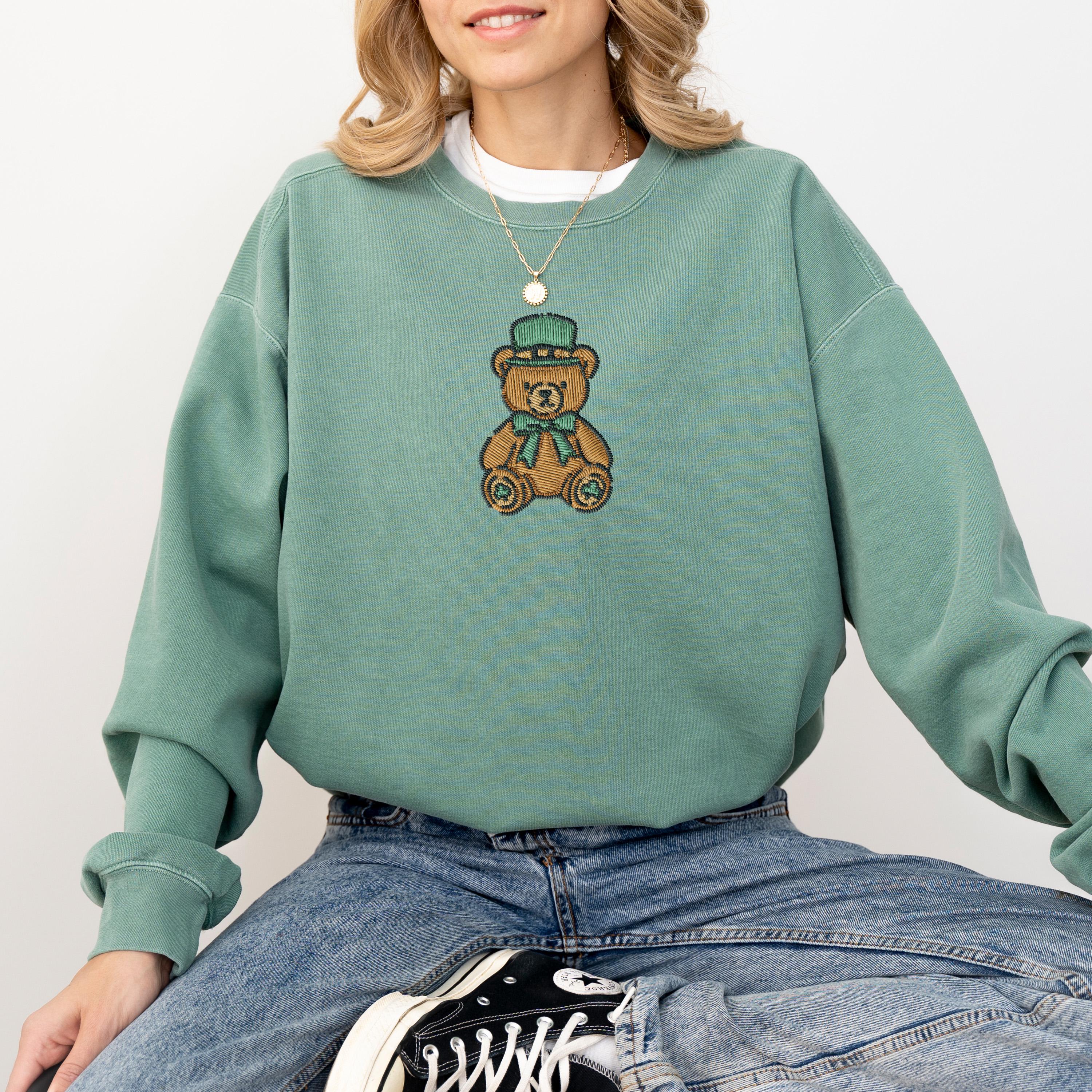 Embroidered Comfort Colors St Patty's Day Bear, St Patrick's Day Crew neck, Green Bear Sweater